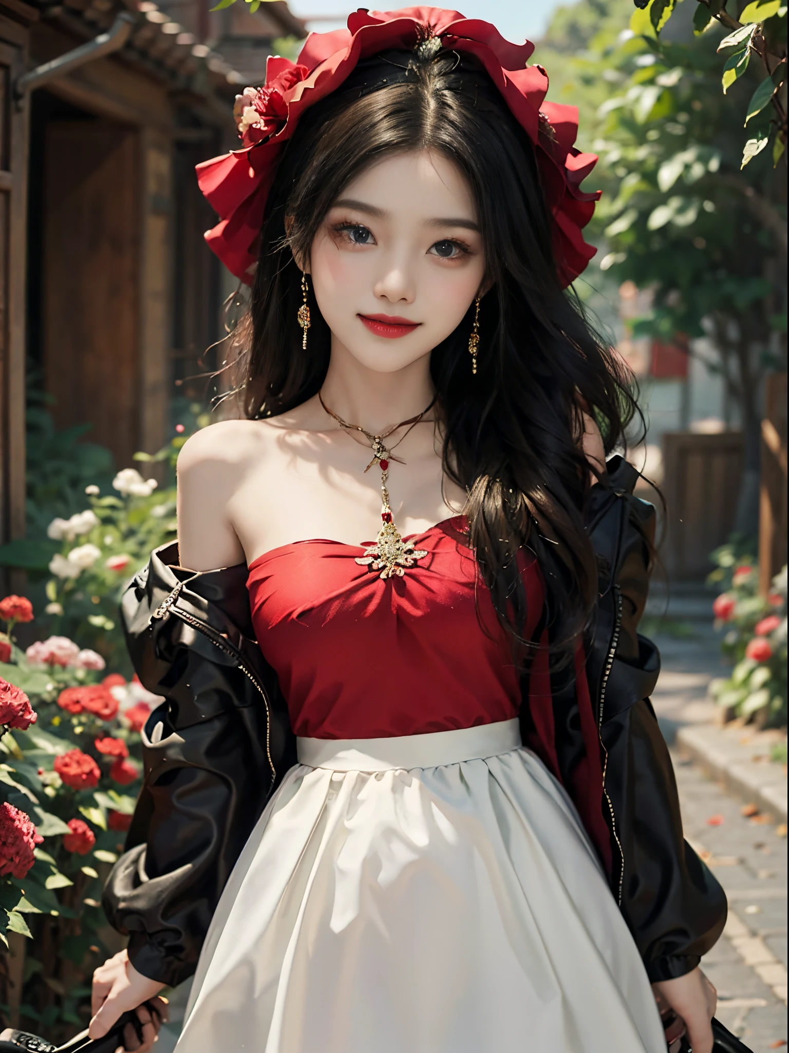 red dress, flower,fashi-girl, ((cowboy shot)), A beautyful girl, a young female model, Random pose, posing elegantly, visually appealing, tmasterpiece, (Best quality at best, 4K, 8K, A high resolution, tmasterpiece:1.2), a warm color palette, ultra - detailed, Ultra-fine painting, delicated face, long slim figure, slim, largeeyes, pretty eyes, Hefty Smile, Random shooting angle, Random scenes