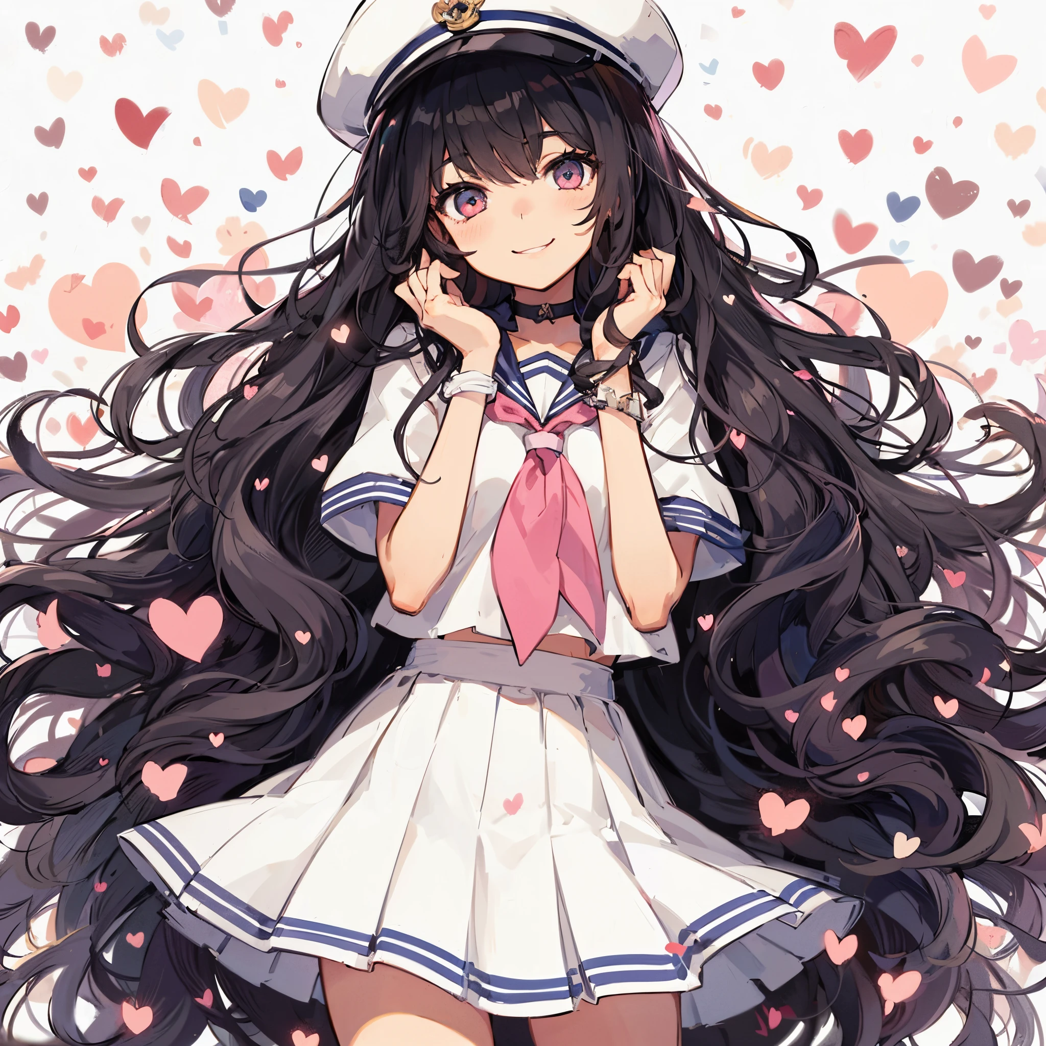 a beauty girl, Black hair, long, fluffy hair, White and pink sailor suit, Short skirt, one leg up, There'There'There'There's peace next to my eyes, Lots of hearts in the background, and an incredible smile,High quality, amount of drawing, pixiv illustration
