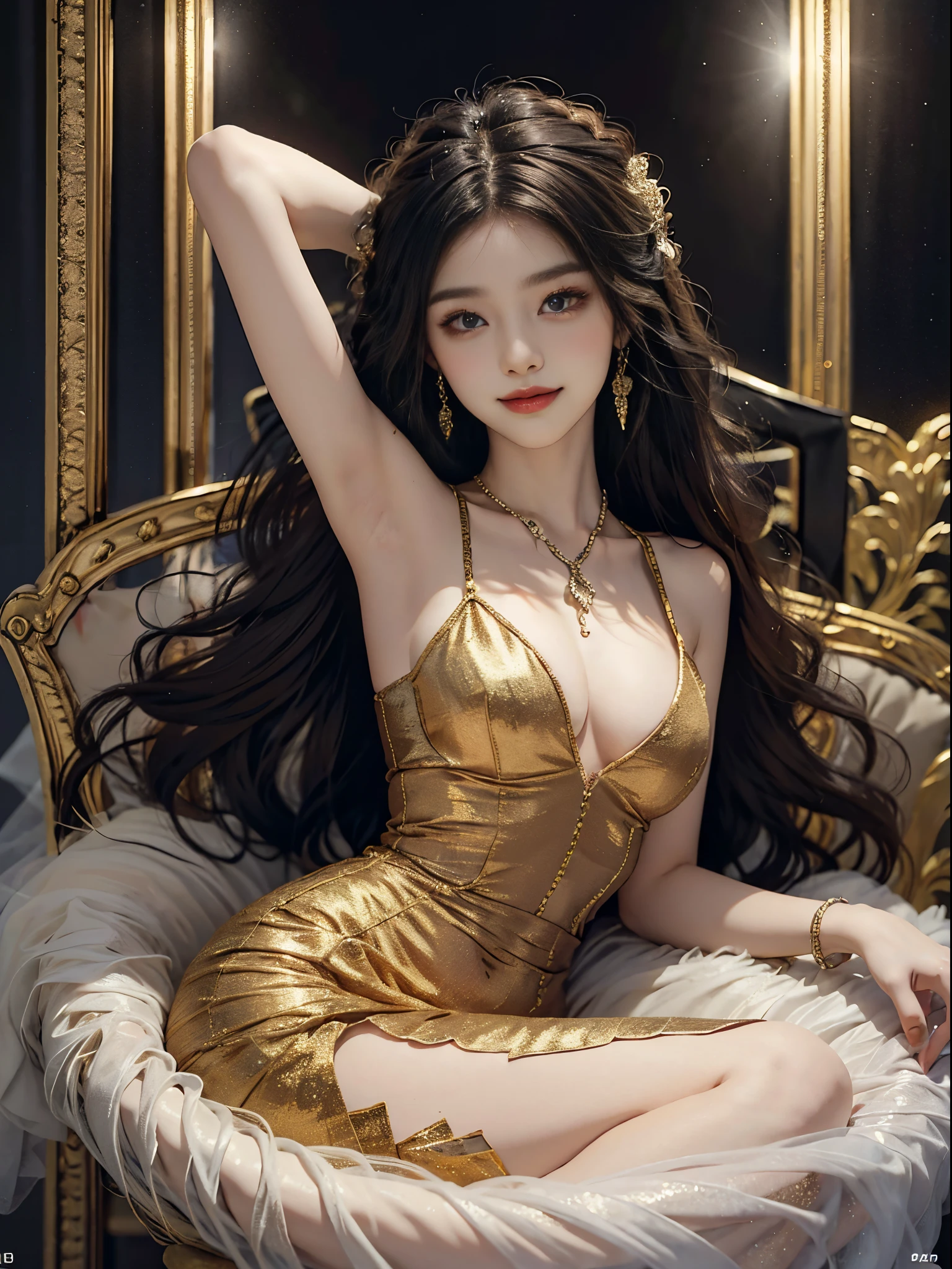 Glitter bead dress11,fashi-girl, ((cowboy shot)), A beautyful girl, a young female model, Random pose, posing elegantly, visually appealing, tmasterpiece, (Best quality at best, 4K, 8K, A high resolution, tmasterpiece:1.2), a warm color palette, ultra - detailed, Ultra-fine painting, delicated face, long slim figure, slim, largeeyes, pretty eyes, Hefty Smile, Random shooting angle, Random scenes