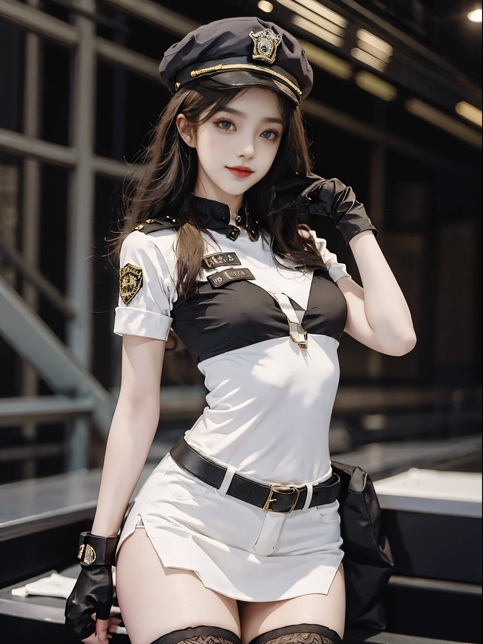 uniform11,police uniform,hat,fashi-girl, ((cowboy shot)), A beautyful girl, a young female model, Random pose, posing elegantly, visually appealing, tmasterpiece, (Best quality at best, 4K, 8K, A high resolution, tmasterpiece:1.2), a warm color palette, ultra - detailed, Ultra-fine painting, delicated face, long slim figure, slim, largeeyes, pretty eyes, Hefty Smile, Random shooting angle, Random scenes