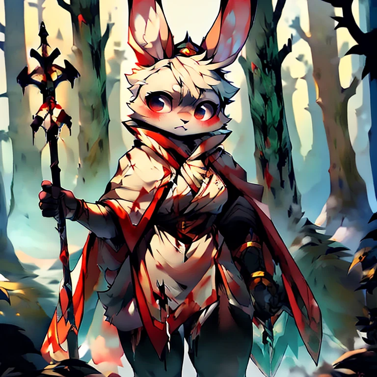 ( female white bunny) ( white cloak with golden on it ) ( forest cover in snow ) ( holding a staff) ( covered in blood) ( cold expression)