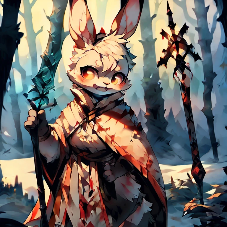 ( female white bunny)  ( white cloak with golden on it ) ( forest cover in snow  )  ( holding a staff) ( covered in blood) ( cold expression)