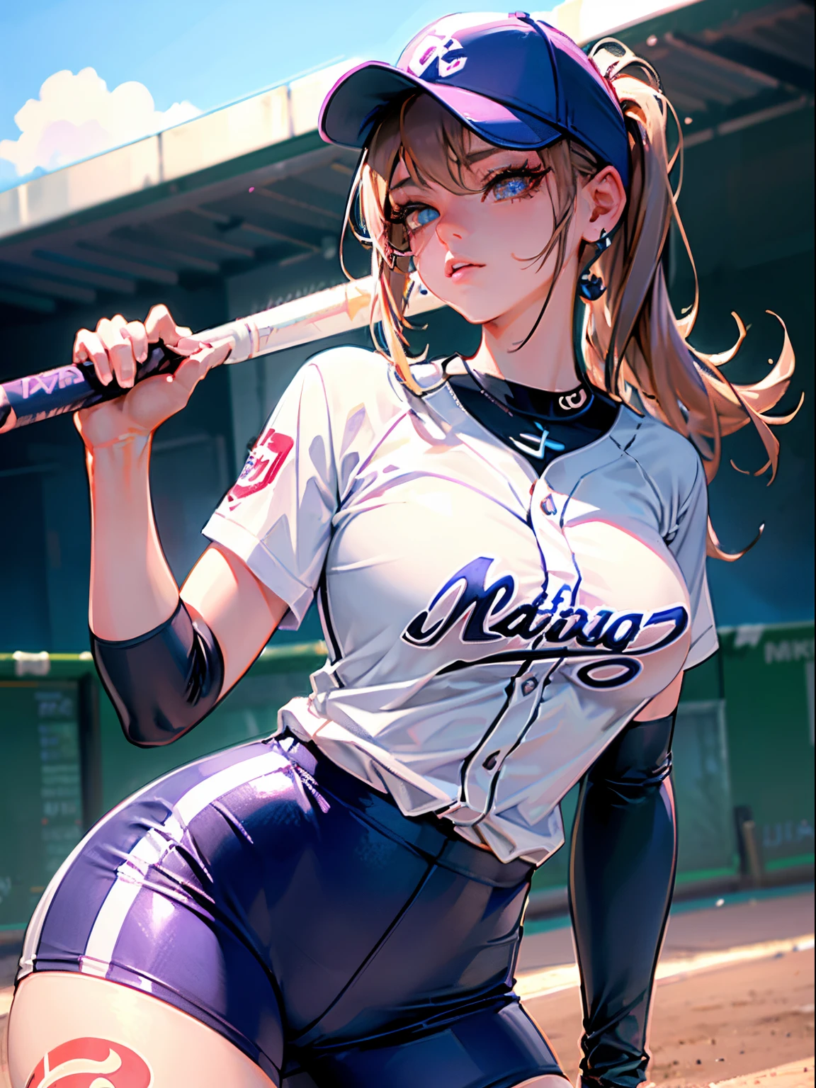 (Best Quality, masutepiece), 1 girl, Women's Softball Players, hold a bat,Large breasts,nice legs,At the softball venue,Detailed beautiful face,Detailed eyes,detailed hairs,detailed  clothes,Detailed realistic skin,cool,from below