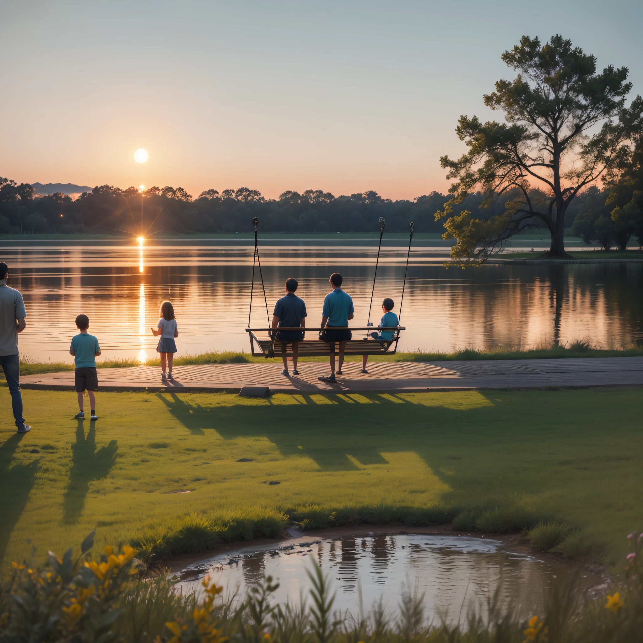 In the park at dusk, parents and their children play happily on the swings by the microwave lake --auto --s2