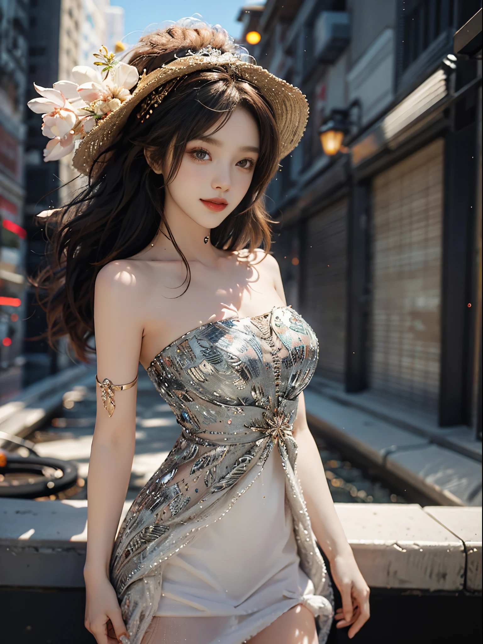 Special clothes46,strapless dress,fashi-girl, ((cowboy shot)), A beautyful girl, a young female model, Random pose, posing elegantly, visually appealing, tmasterpiece, (Best quality at best, 4K, 8K, A high resolution, tmasterpiece:1.2), a warm color palette, ultra - detailed, Ultra-fine painting, delicated face, long slim figure, slim, largeeyes, pretty eyes, Hefty Smile, Random shooting angle, Random scenes