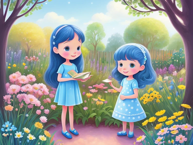 very cute illustration for a children's picture book，Dreamy with blue hair and the kids took care of the dream-like garden together，Muted or Subdued Illustration Styles， Digital Painting， by Pixar style