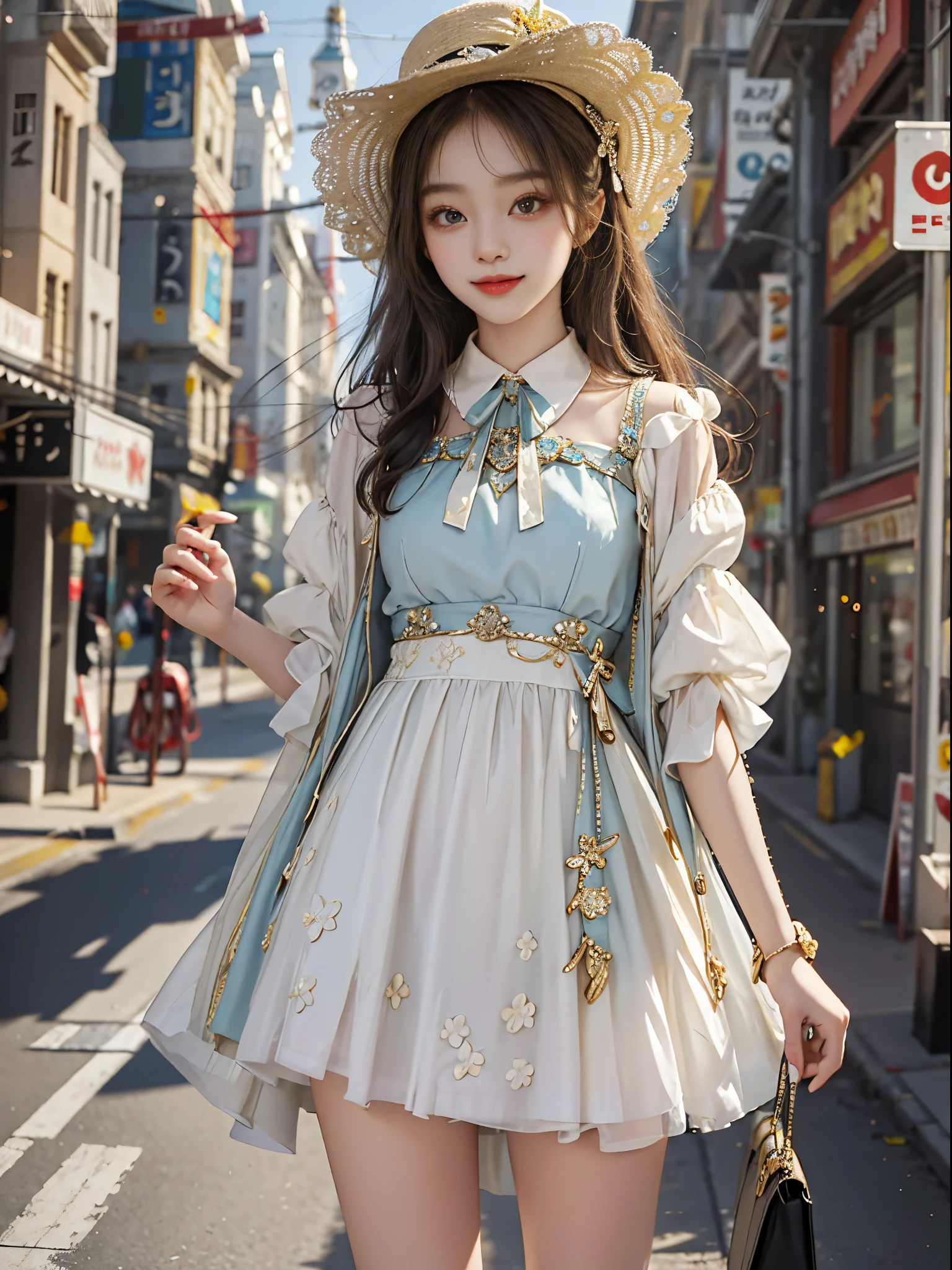 Sweet girl clothes10,korean dress,,fashi-girl, ((cowboy shot)), A beautyful girl, a young female model, Random pose, posing elegantly, visually appealing, tmasterpiece, (Best quality at best, 4K, 8K, A high resolution, tmasterpiece:1.2), a warm color palette, ultra - detailed, Ultra-fine painting, delicated face, long slim figure, slim, largeeyes, pretty eyes, Hefty Smile, Random shooting angle, Random scenes