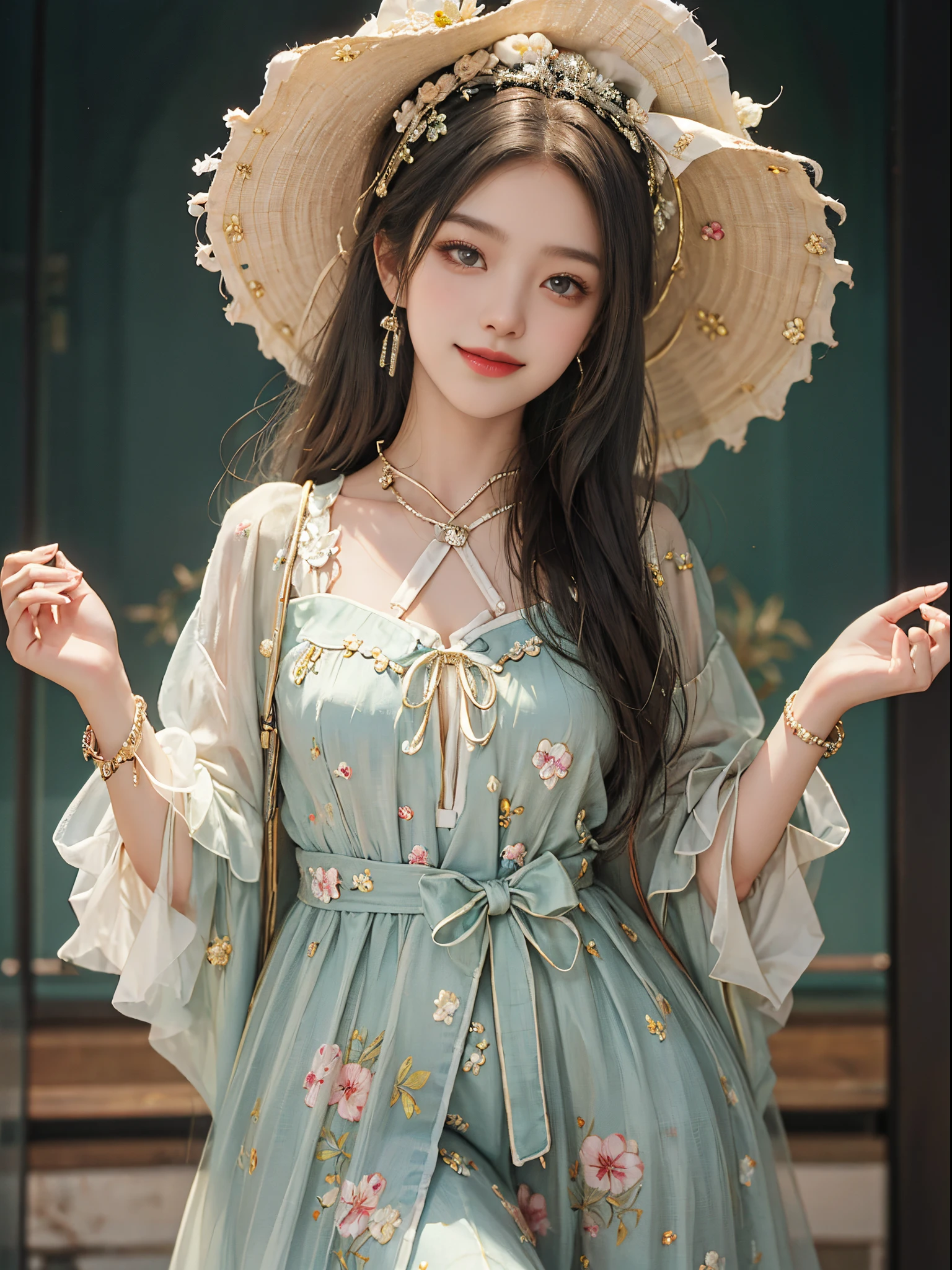 Sweet girl clothes10,korean dress,,fashi-girl, ((cowboy shot)), A beautyful girl, a young female model, Random pose, posing elegantly, visually appealing, tmasterpiece, (Best quality at best, 4K, 8K, A high resolution, tmasterpiece:1.2), a warm color palette, ultra - detailed, Ultra-fine painting, delicated face, long slim figure, slim, largeeyes, pretty eyes, Hefty Smile, Random shooting angle, Random scenes