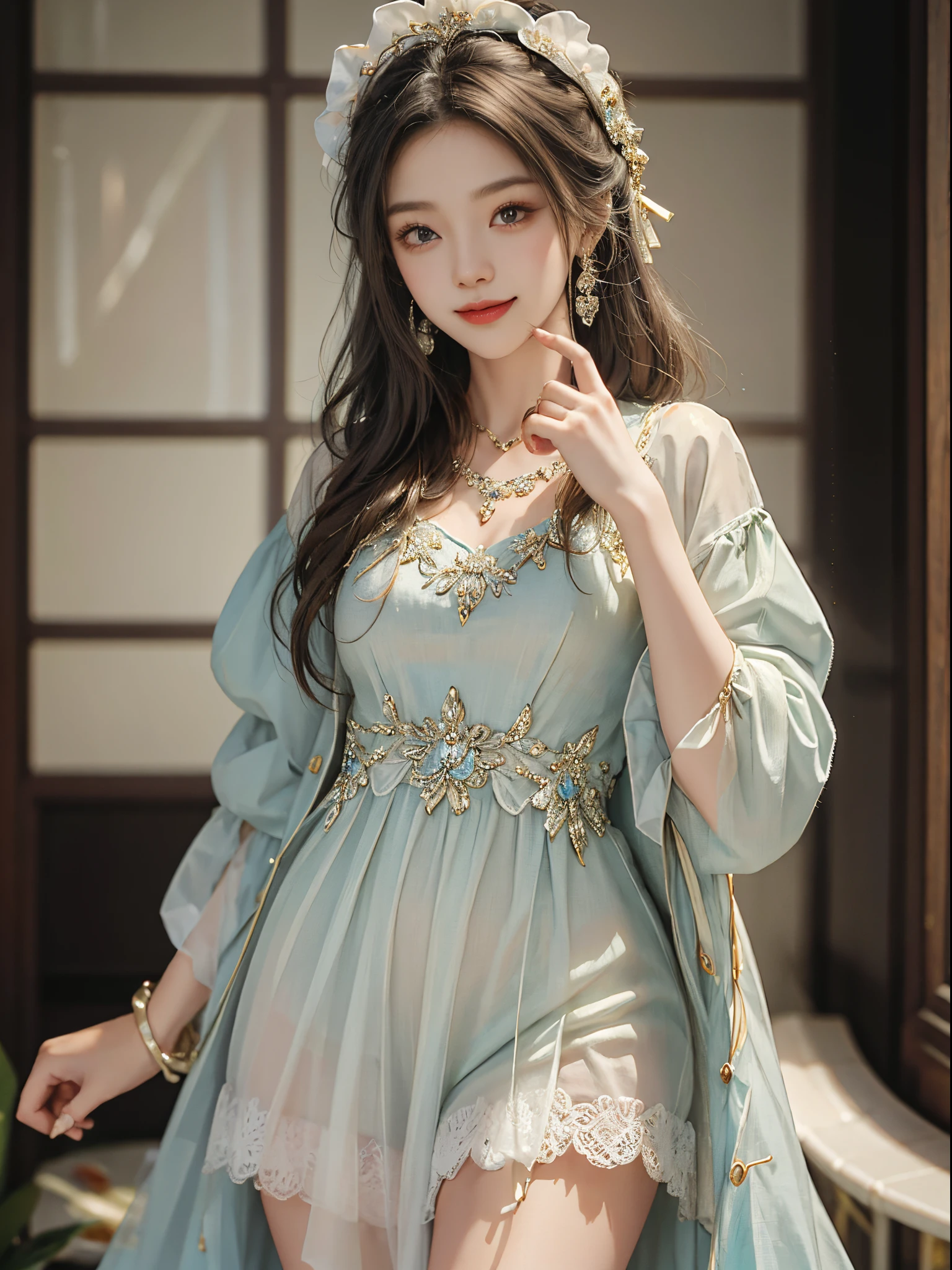 Sweet girl clothes10,korean dress,,fashi-girl, ((cowboy shot)), A beautyful girl, a young female model, Random pose, posing elegantly, visually appealing, tmasterpiece, (Best quality at best, 4K, 8K, A high resolution, tmasterpiece:1.2), a warm color palette, ultra - detailed, Ultra-fine painting, delicated face, long slim figure, slim, largeeyes, pretty eyes, Hefty Smile, Random shooting angle, Random scenes