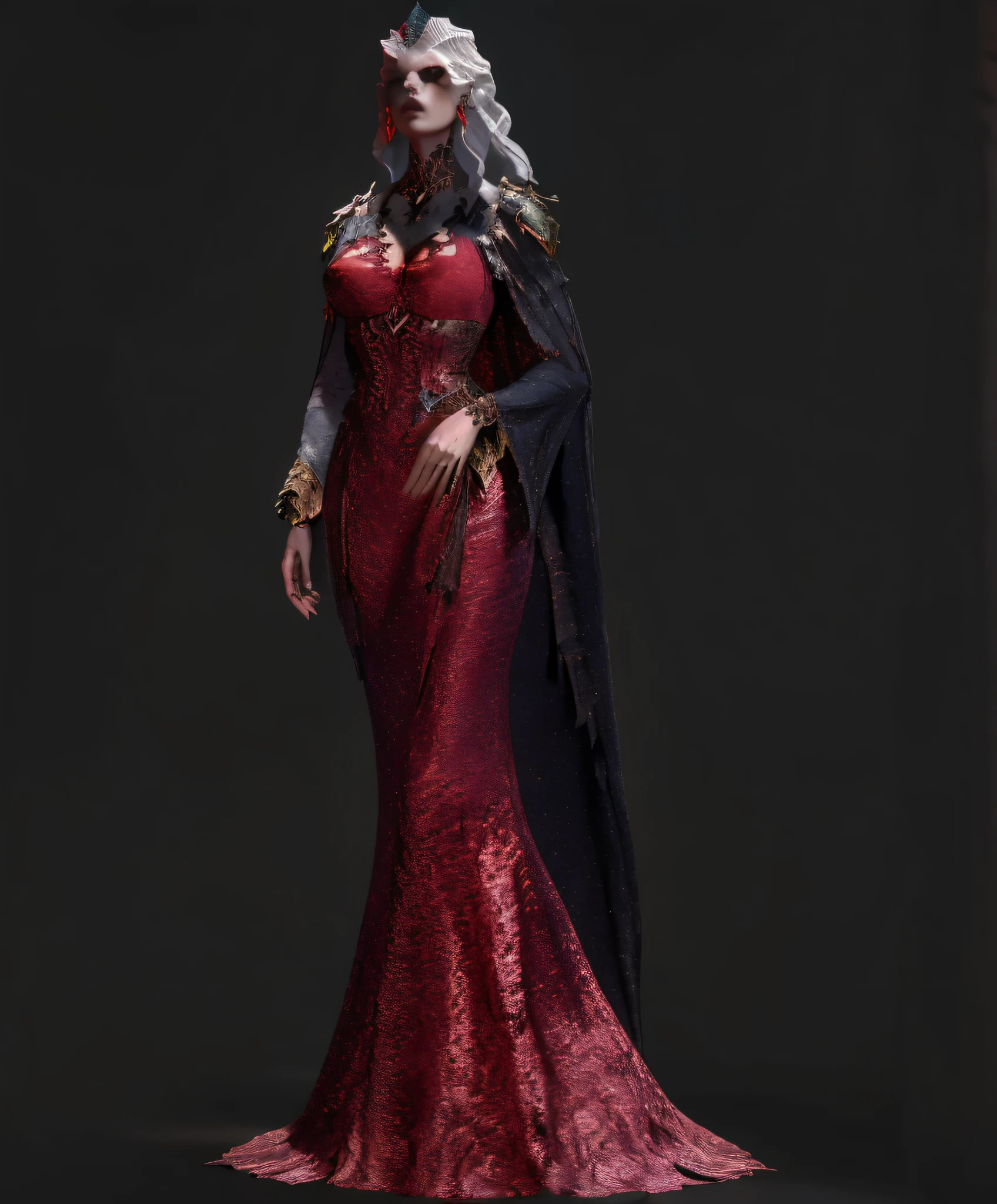 "A woman in a red dress and cloak stands in a dark room, Pastoral rendering of Mirabell, divine render, 8K 3D rendered character art, Stunning fantasy 3D renderings, 8K rendered photos, Extraordinary designer, Supervillain Witch, scarlet witch, high quality rendering, Scarlet Witch Costume"