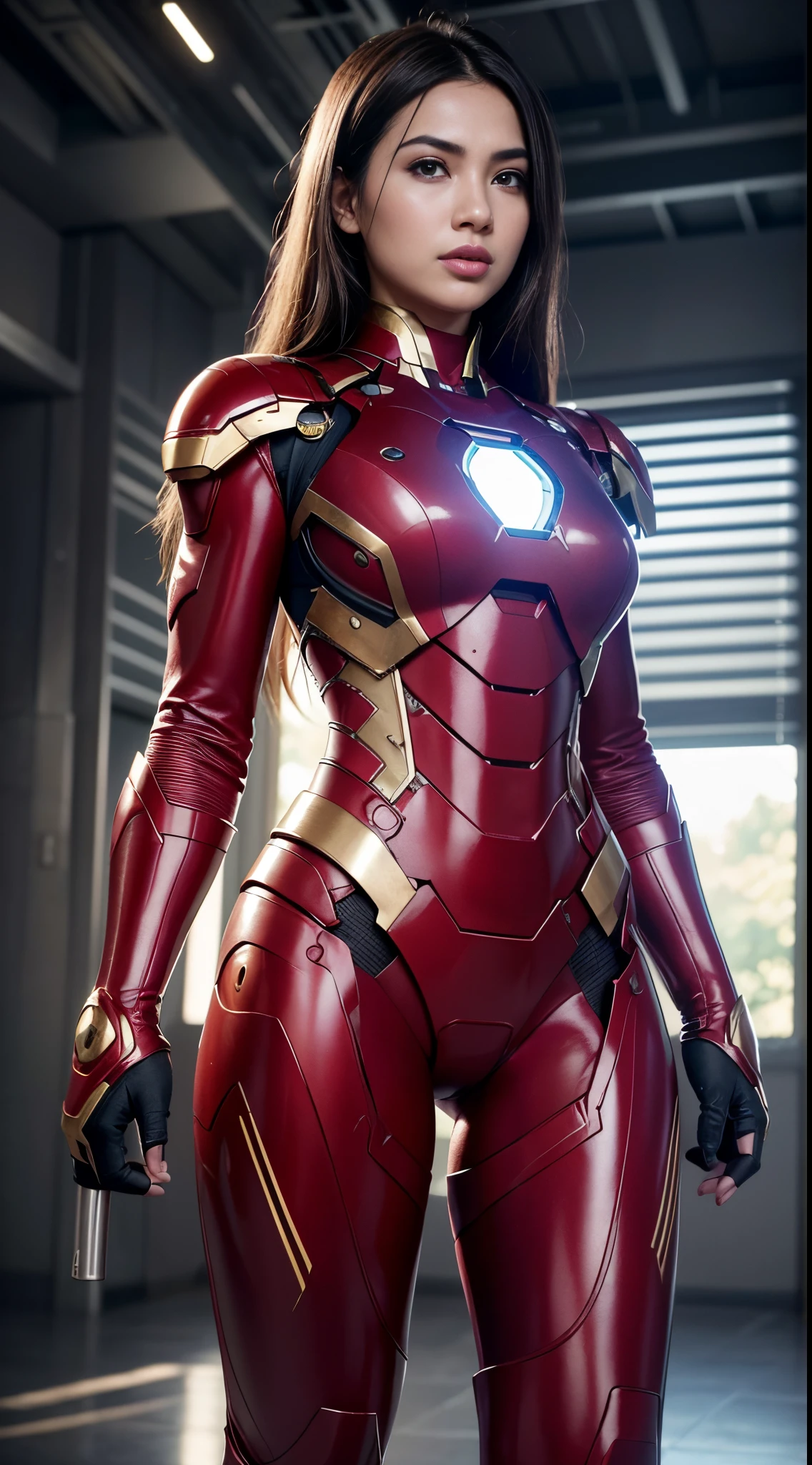 RAW, Best quality, high resolution, masterpiece: 1.3), beautiful Malay woman in hijap:0.8), perfect nose, perfect lips, perfect eyes, detail :1.2), big breasts, full body, beautiful face, (Quality), ((Masterpiece), (Detail: 1.4), 3D, A Beautiful Iron Man Female Figure wearing hijap, ((hijap)),HDR (High Dynamic Range), Ray Tracing, NVIDIA RTX, Super-Resolution, Unreal 5, Subsurface Scattering, PBR Textures, Post Processing, Anisotropic Filtering, Depth of Field, Maximum Sharpness and Sharpness, Multi-layer Textures, Albedo and Highlight Maps, Surface Shading, Accurate simulation of light-material interactions, perfect proportions, Octane Render, two-color light, large aperture, low ISO, white balance, rule of thirds, 8K RAW, Excellent lighting, Bright colors, Clean lines