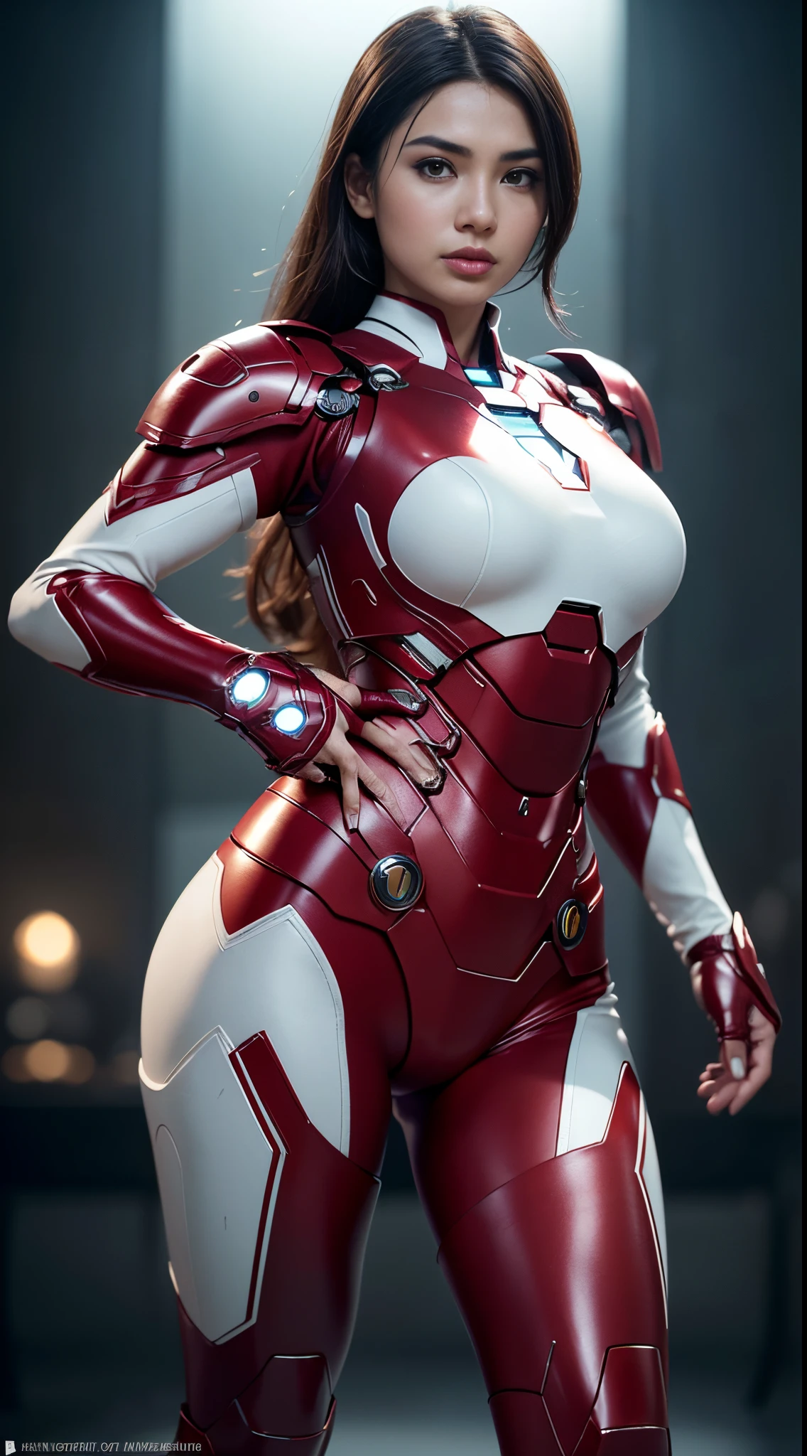 RAW, Best quality, high resolution, masterpiece: 1.3), beautiful Malay woman in hijap:0.8), perfect nose, perfect lips, perfect eyes, detail :1.2), big breasts, full body, beautiful face, (Quality), ((Masterpiece), (Detail: 1.4), 3D, A Beautiful Iron Man Female Figure wearing hijap, ((hijap)),HDR (High Dynamic Range), Ray Tracing, NVIDIA RTX, Super-Resolution, Unreal 5, Subsurface Scattering, PBR Textures, Post Processing, Anisotropic Filtering, Depth of Field, Maximum Sharpness and Sharpness, Multi-layer Textures, Albedo and Highlight Maps, Surface Shading, Accurate simulation of light-material interactions, perfect proportions, Octane Render, two-color light, large aperture, low ISO, white balance, rule of thirds, 8K RAW, Excellent lighting, Bright colors, Clean lines