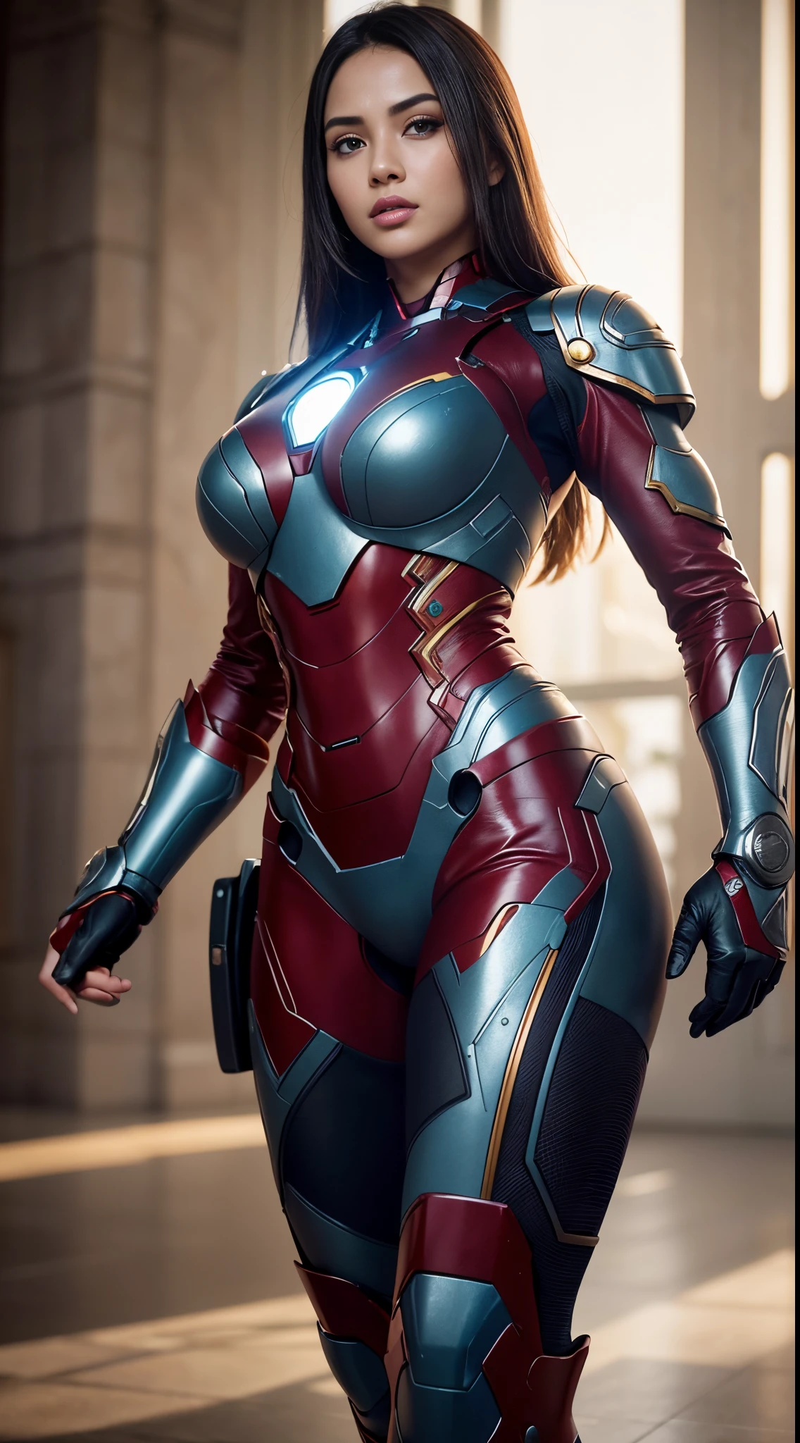 Nathalie Portmann, 25 ans, seductive look, sourire romantique, fine, brune, yeux verts, masterclass, 8K, UHD, HD, High quality, sexy, ironman cosplay, ironman, dans une ville détruite, explosions, topless