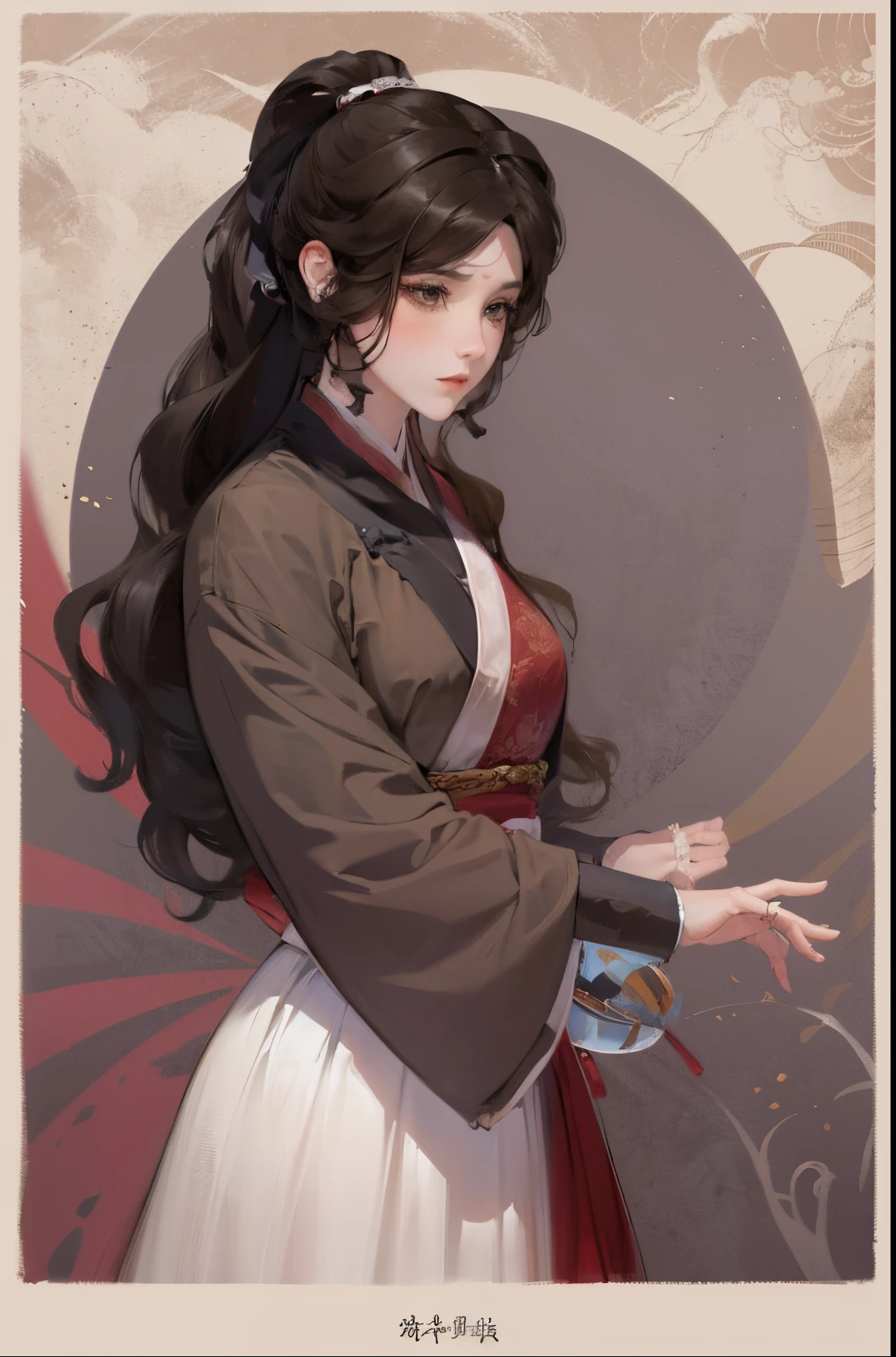high quality , one brown hair girl, long ponytail, long hair, wuxia character, white clothes, ink painting background, flat background, minimalist background, chinese pattern background,