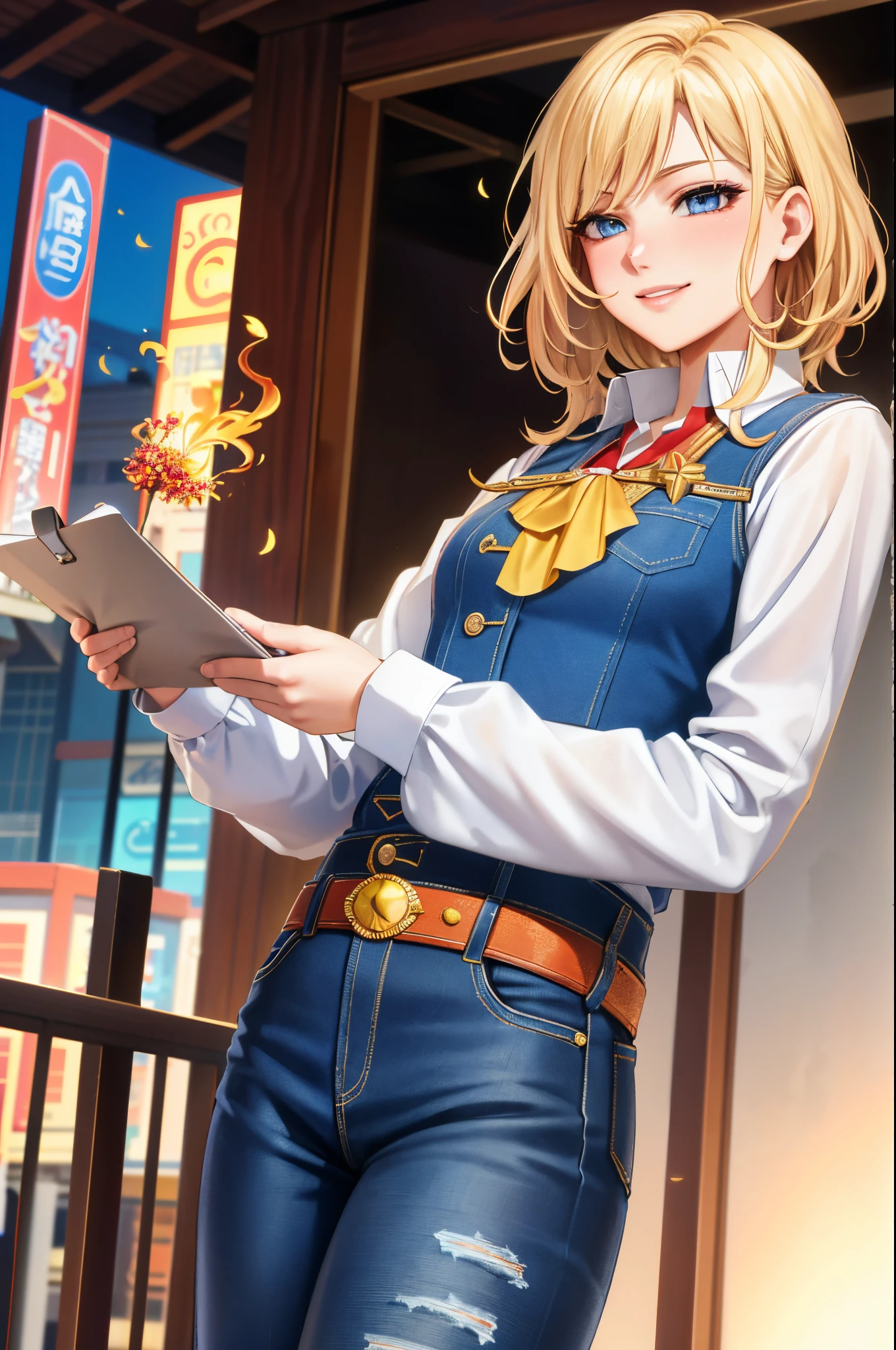 (tmasterpiece:1.2, best quality 1:1, ultra - detailed:1.2, The best shadow, 8K:1.1), (massive city:1.3, the roof:1.1, city buildings below, handrails), (contrasting background, Bright background), (beautiful detailed face), hight contrast, (perfect litthing: 1.2, Beautiful and delicate color), ((电影灯光)), Colorful, hyper-detailing, Dramatic light, Complicated details, (1 girl, Alone, Blonde hair, Smiling faces, short detailed hair, Blonde wavy hair:1.1, eBlue eyes, dynamic angle, Gilet blanc,The Superman letter S embellished on the chest, denim pant, cowboy photo, Lower your arms), depth of fields