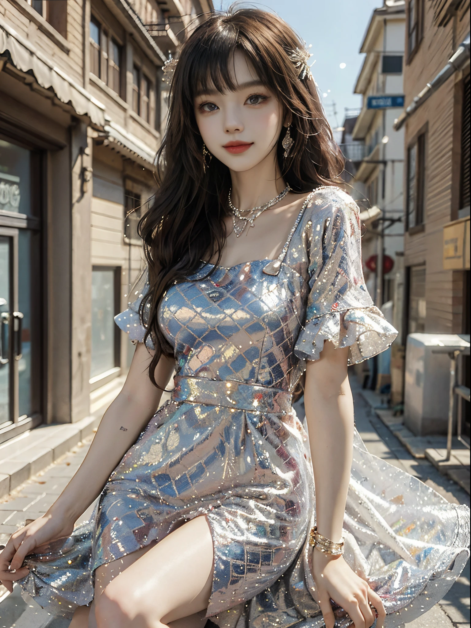 Special clothes57,dress,,fashi-girl, ((cowboy shot)), A beautyful girl, a young female model, Random pose, posing elegantly, visually appealing, tmasterpiece, (Best quality at best, 4K, 8K, A high resolution, tmasterpiece:1.2), a warm color palette, ultra - detailed, Ultra-fine painting, delicated face, long slim figure, slim, largeeyes, pretty eyes, Hefty Smile, Random shooting angle, Random scenes