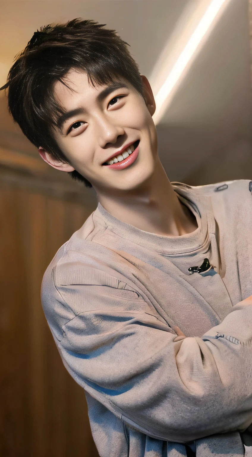 ((Top Quality, 8K, masterpiece: 1.3)), Korean male idols:1.5, 1Man with a, 20yo, Well-formed face, Ultra-fine face, Handsome nose, detailed eyes and face, beautiful lighting, (studio), Hight Resolution, detailed mouth, Sorrisos, s whole body: 1.5, perfect body figure: 1.Hoto with two arms, Casual outfit