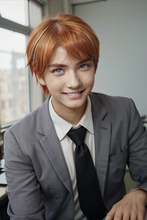 masterpiece, best quality, high quality, 1boy, solo, male focus, looking at viewer, upper body, asano_gakushuu, amethyst eyes, orange hair, pink natural lips, smiling confidentiality, white school uniform, gray blazer uniform, black necktie, in classroom background blur