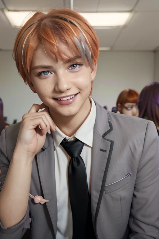 masterpiece, best quality, high quality, 1boy, solo, male focus, looking at viewer, upper body, asano_gakushuu, amethyst eyes, orange hair, pink natural lips, smiling confidentiality, white school uniform, gray blazer uniform, black necktie, in classroom background blur