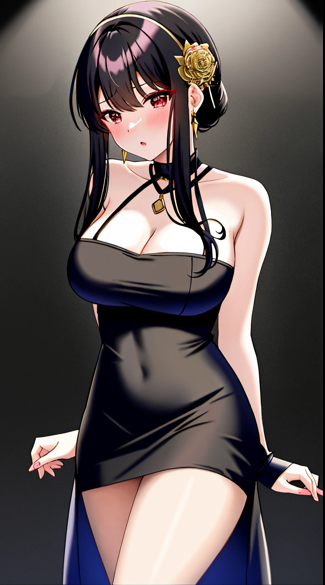 yor briar, 1girl, Bare shoulders, Black dress, brunette color hair, , Keep one's mouth shut, a skirt, 耳Nipple Ring, florals, hairflower, hair adornments, shairband, jewelry, middlebreast, long whitr hair, looking at viewert, red eyes, Lateral hair,无袖，独奏，The upper part of the body，with black background，（（tmasterpiece））