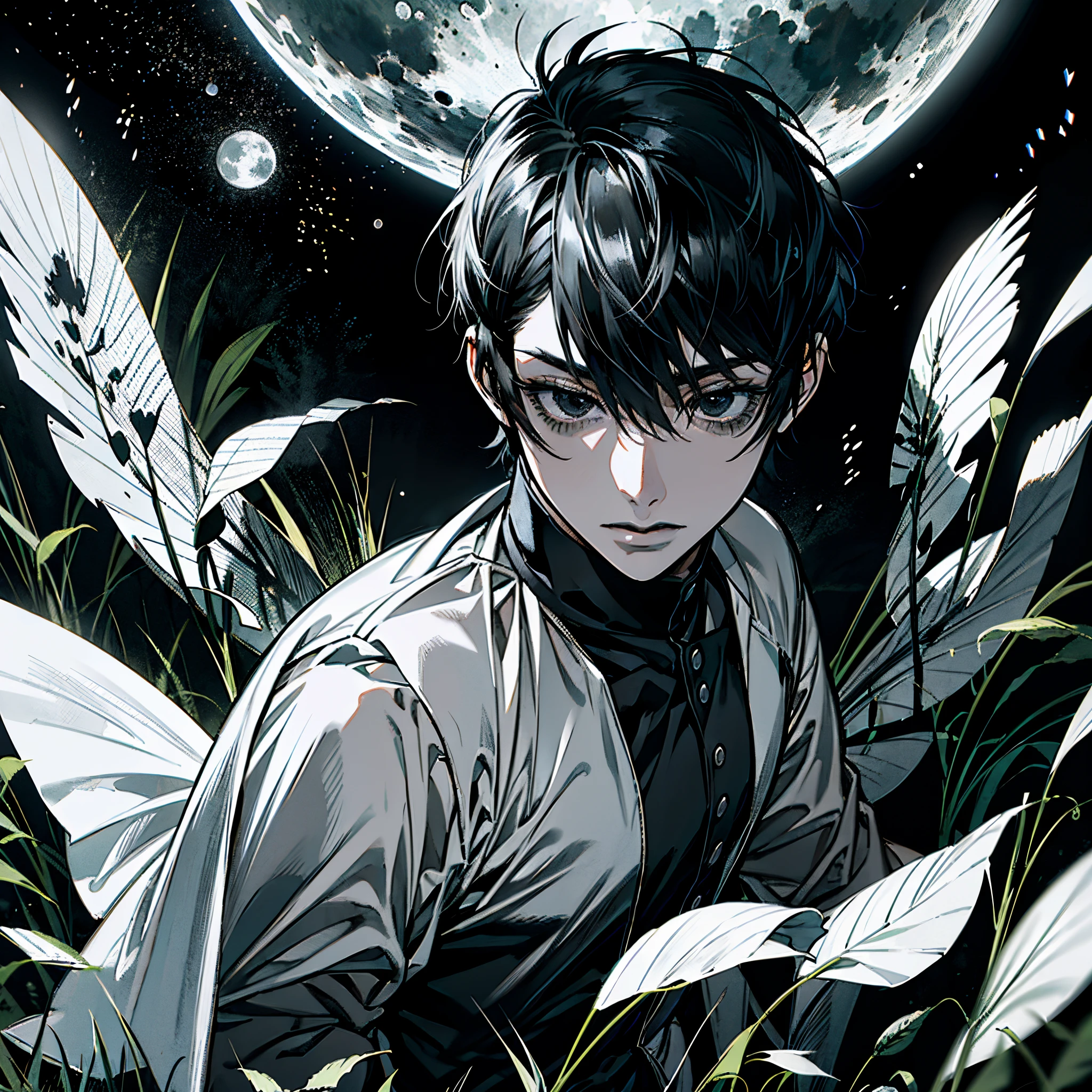 Masterpiece, best quality, high quality, ultra detailed, boy, manga style, black eyes, black and white comic, field, detailed grass, short hair, black hair, dark scenery, background moon, best quality, ultra resolution