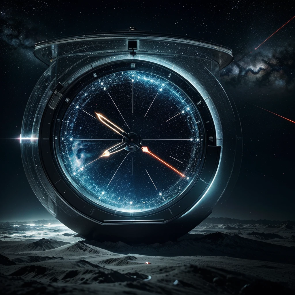 The exterior of this watch is made from a large piece of clear crystal，The interior of the crystal appears to be encrusted with countless small stars and nebulae，Its sparkling light flickered to form a fluid cosmic scene。The entire clock surrounded by a dazzling starry sky，It&#39;s like traveling through time and space，Mergulhe em um universo misterioso。 Clock hands are no longer traditional mechanical structures，Instead, consiste em um feixe de laser em miniatura，Each rotation leaves a beautiful trail of light in space。These laser pointers radiate outward from the center of the watch，Como uma luz estelar no universo，Full of mystery and energy。The passage of time is no longer limited by the dial，rather, segue o fluxo do ponteiro laser，Provides a fantastic visual effect，Faz as pessoas sentirem o fluxo do tempo e o ritmo do universo。 The watch base made from futuristic technical materials，It&#39;s like a fascinating cosmic base，It&#39;s covered with bright LED installations，It&#39;s like a starry city。Every time the clock starts or rings，LED lights on the base will show colorful light and shadow，It&#39;s as beautiful and mysterious as a nebula，Makes you feel like you&#39;ve traveled to another dimension，watch，MarfimGoldAI, (arte conceitual, Cores semelhantes a Ghibli, hiper-realismo, UHD, master part, ccurate, anatomicamente correto, Super Detalhe, Premiado, melhor qualidade, Altas, 8k，A imagem brilhante，global ilumination，high saturated) foto de extrema qualidade, foto de alto detalhe, foto realista