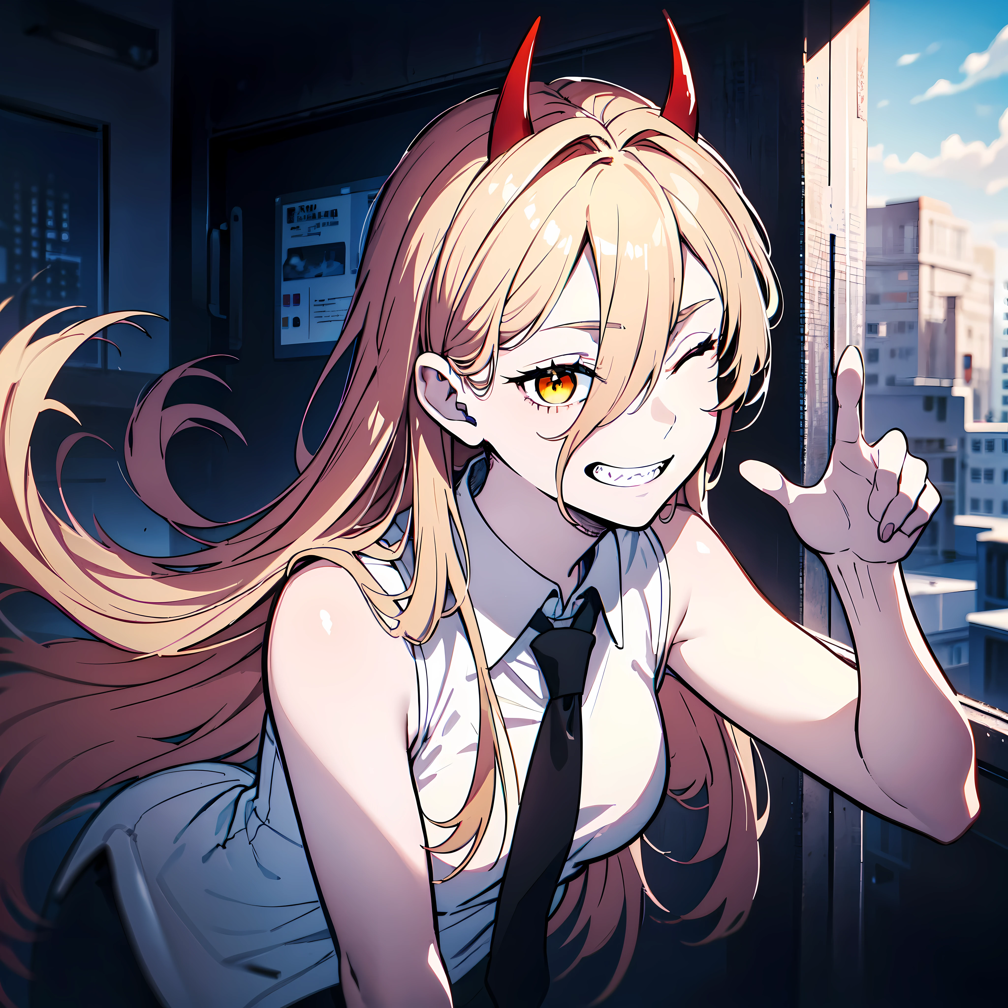 detailed, (masterpiece:1.2), (pale skin:1.2), (solo:1.2), (female), (emphasis lines:1.3), outdoors, (dynamic_pose), (sleeveless), bare_shoulders, tie, (office_uniform), off_shoulders, blonde, long_hair, red_horns, pointed_teeth, yellow_eyes, (winking:1.3), (one_eye_closed), (grin), tiny_breasts