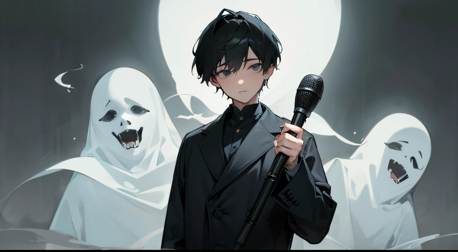 masterpiece, best quality, high resolution, 1boy, , calm face, costume, microphone in hands, ghosts on background, scary background, gloomy background, fog