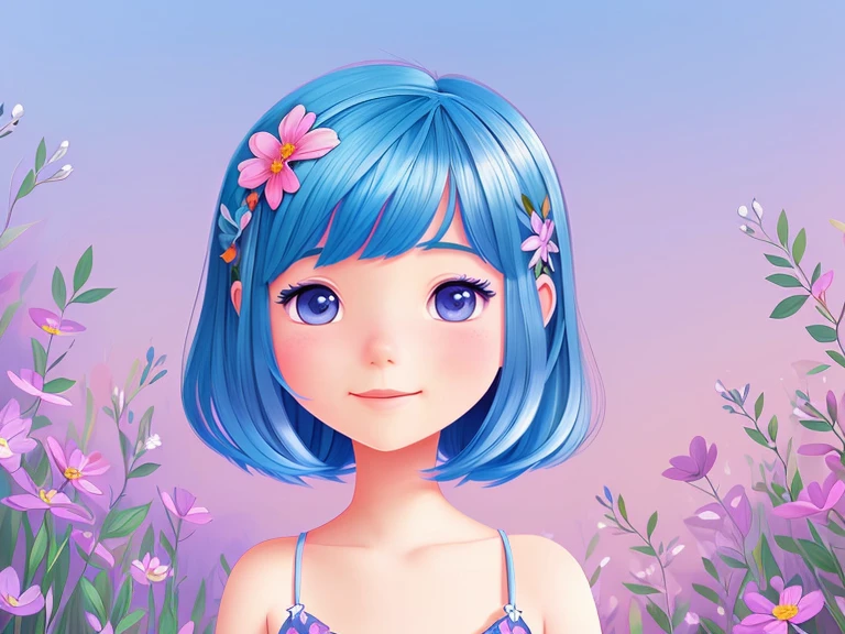 very cute illustration for a children's picture book，In the blue pink purple dreamy garden appeared a beautiful Flower", blue hair，Muted or Subdued Illustration Styles， Digital Painting， by Pixar style