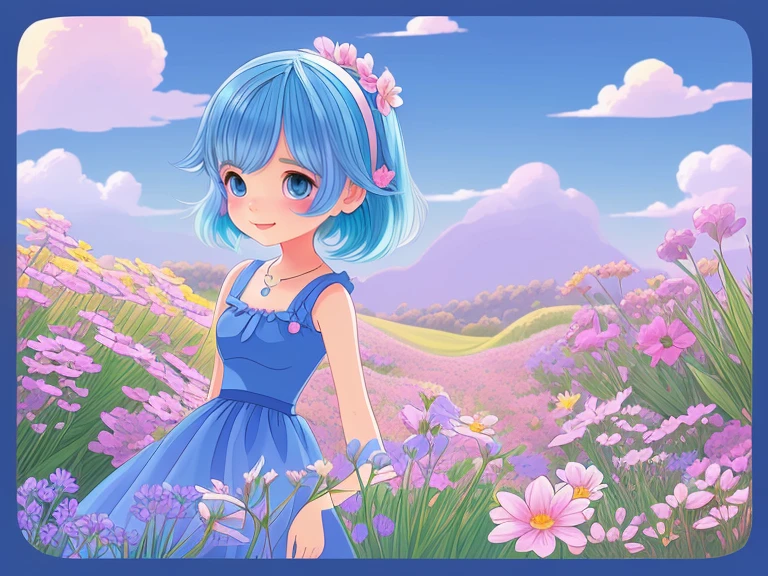 very cute illustration for a children's picture book，In the blue pink purple dreamy garden appeared a beautiful Flower", blue hair，Muted or Subdued Illustration Styles， Digital Painting， by Pixar style