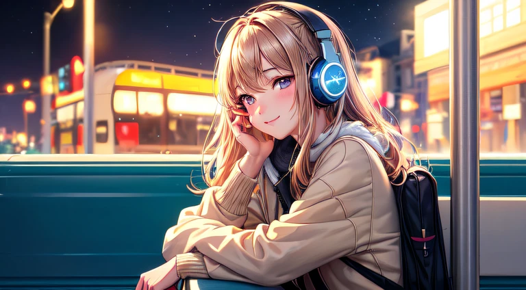 (best quality,masterpiece:1.2),detailed,perfect face,girl listening to music,sitting at a bus stop,holding a phone,2D anime style,illustration,soft lighting,vibrant colors,sparkling ornaments,night,peaceful atmosphere,cozy background,expressive eyes,warm smile,flowing hair,headphones on,bright-eyed,likeable character