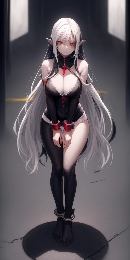 full body standing symmetrical barefeet ((black skin elf girl))), (((red ruby eyes))), (((long white hair))), (((breasts:1.2))), (((solo))), shackles on legs and arms together