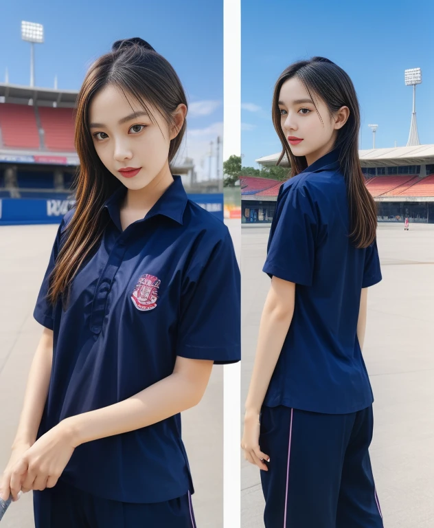 (bestquality,10,10,highres,masterpiece:1.2),ultra-detail,(Realistic,photorealistic portrait,photo-realistic:1.37),1 Cute girl in the football field,oily shiny skin,bara,light smile,BDclothelue shirt:1.3)),short sleeves,shirt, trousers.,(navy_long_Pants Track:1.1), ((Stadium Background:1.3)),dynamic angle,excited,face focus,Dynamic Poses,from behide,Ass Focus,masterpiece, bestquality, ultra realistic, hyper-detail, 8k resolution, RAW photo, crisp focus, ((Navy blue shirt:1.1)), short sleeves, Long Path, Perfect body, 2 mature women, 18yo, cinematic light,Blue sweatpants,Gymware,Correct anatomy,Complete body, Correct body, sharp face, Anatomically correct body, full entire body, Realistic gestures, long-haired, Realistic poses,Wear long shorts..............................,Long leg span,Shapely,Sculpting Girl, Slender Figure, mannequin mannequins, Shapely, Beautiful body,Blue sweatpants, Two girls kissing