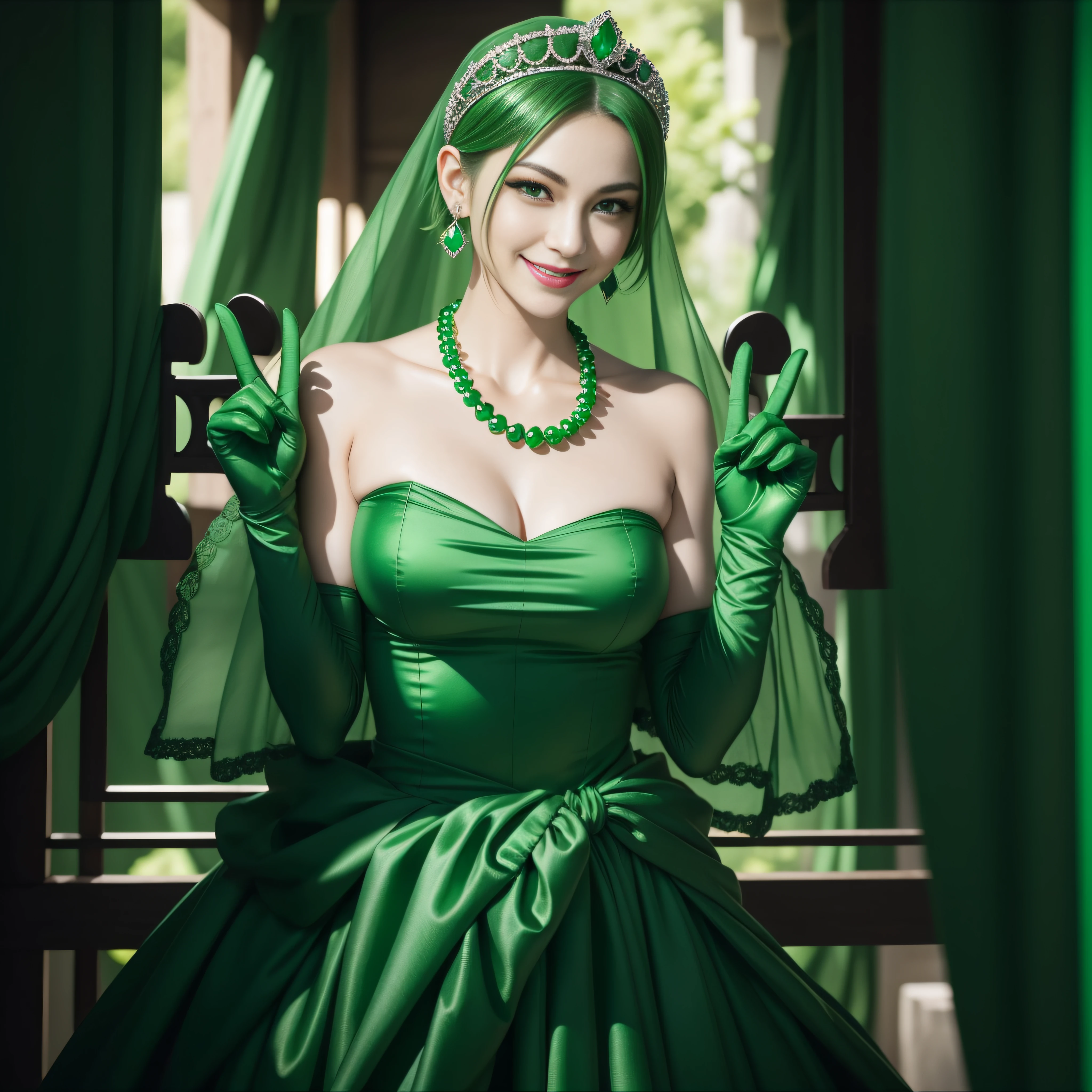 emerald tiara, Green Pearl Necklace, Boyish very short green hair, lipsticks, Japan woman smiling, very short short hair, big breasts beautiful, Green eyes, Long green gloves made of satin material, Green eyes, Emerald Earrings, green vale, v sign
