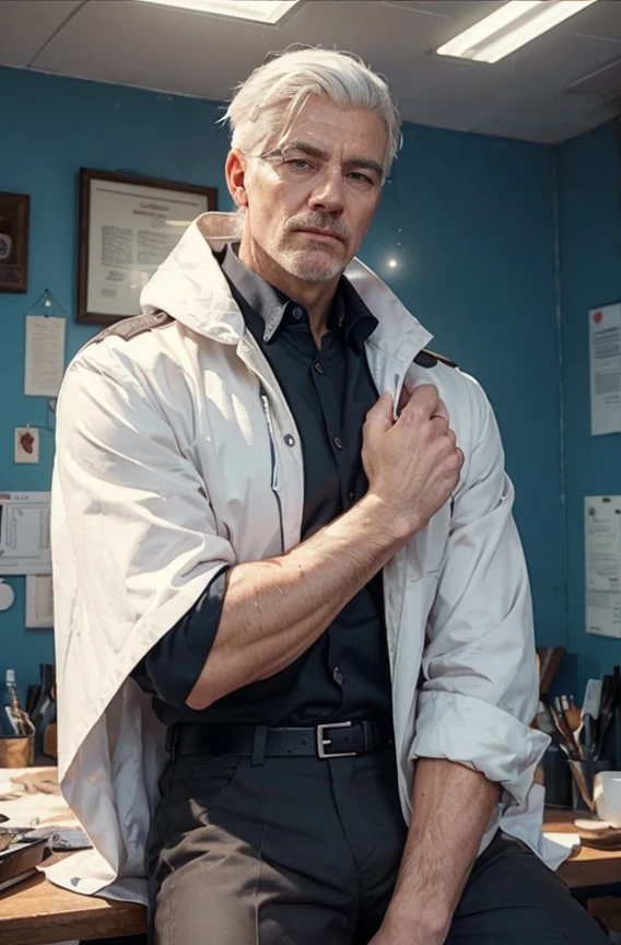 (masterpiece:1.2), (illustration), (best quality:1.2), (best aesthetic:1.2), (beautiful art:1.2), (ultra-detailed:1.2), (8k), (HDR), (wallpaper), (sharp focus), (intricate), (hyper realistic), netherland men, 60 years old, white hair