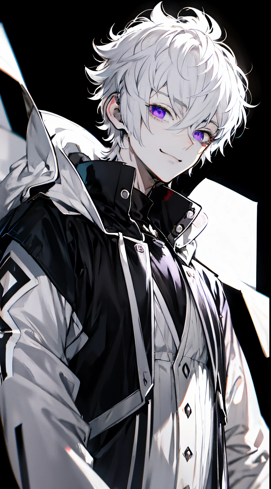 Masterpiece, best quality, high quality, ultra detailed, A man, solo, gantleman, black background, white hair, short hair, purple eyes, badass, smirk