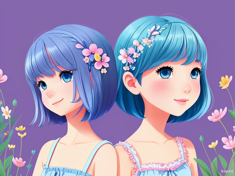 very cute illustration for a children's picture book,In the blue pink purple dreamy garden appeared a beautiful Flower", blue hair,Muted or Subdued Illustration Styles, Digital Painting, by Pixar style