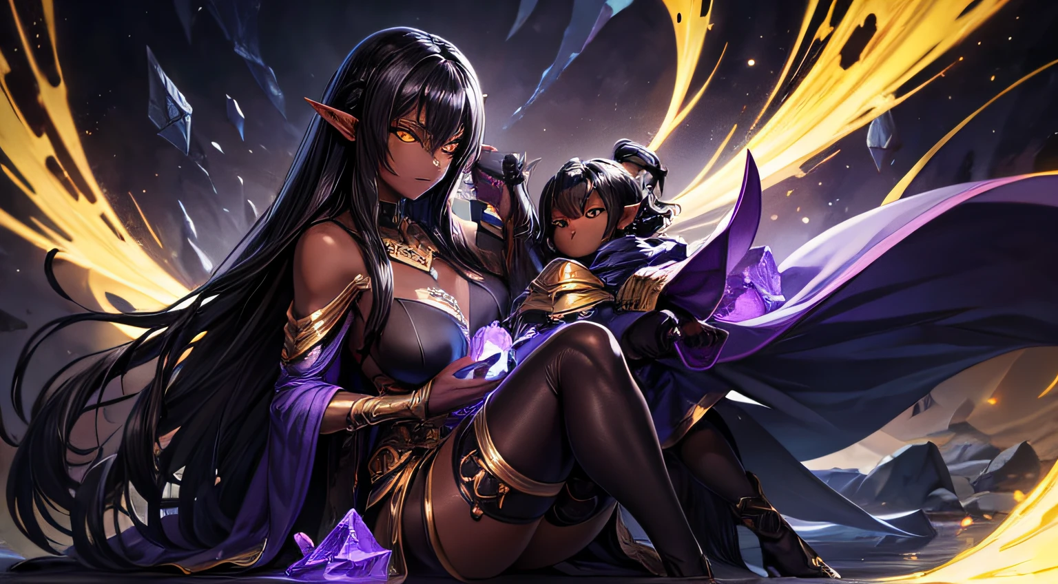 dark elf female, dark purple skin, yellow eyes, and jet black hair, holding a dark elf , babypped in a blanket, surrounded by glowing crystals.