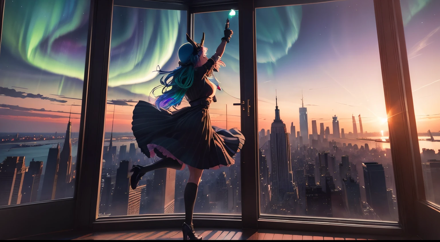 An Anime girl near the window sees the New York City (Statue of Liberty, Empire State Building) drink a cup of coffee Northern lights dancing in the sky with vibrant, shifting colors.
