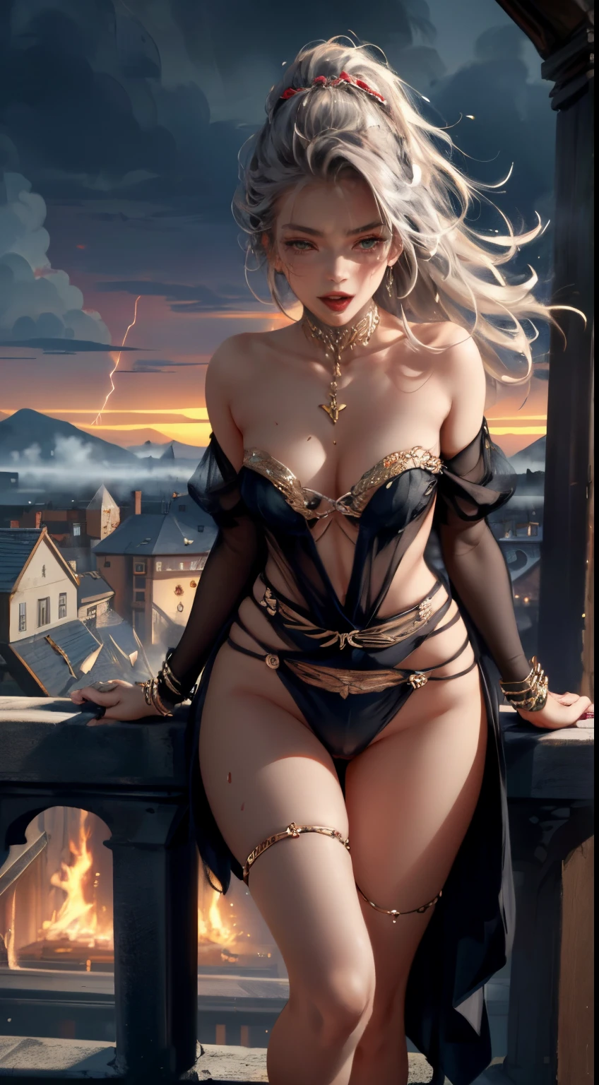 front view, (masterpiece), best quality, expressive eyes, perfect face, warrior woman, sword in left hand, half naked, steel bracelet, silver bracelet, bronze belt, exposed breasts, beautiful vagina, vagina with small soft hairs , woman with very long hair moved by the wind, night light, cloudy sky, dark clouds with lightning, mountain, castle embedded in the mountain rock, waterfall coming out of the castle, beautiful warrior goddess, fantasy, fog, skin wet with sweat, blushing and panting face, provocative look, sexy pose, full female body, oriental mandala tattoos, transparent dresses, skin wet with water, stormy sky, red storm clouds, floating antique clock, beautiful girl with a slight smile, waterfall, lamp, flashlight, no panties, mandala and flower tattoos on naked body, majestic, sense of depth, expressive eyes, perfect face, 8k, (Woman: 1.5), elegant and flexible (athletic build: 1.5), Emerald Eyes (Vibrant: 1.5), Brown Hair (Vibrant: 1.5), UHD, HDR, Cinematic Image, Intricate Details, Ultra Realism, Viridian Tones, Dystopian Palace, Luxurious Atmosphere, Ultra Detailed, Stunning Image, IMAX, Cinematic, Award-winning photography, complex, low aperture (F1.2), dramatic. lighting, cinematographic composition, professional, eroticism, medieval castle embedded in the mountain, night sky, full moon, 1 girl, 18 years old, (legs open), pink lips, well lit, pretty and aesthetic: 1,2), ( 1 girl), extremely detailed, (fractal art: 1.3), colorful, most detailed, beautiful goddess, Caucasian girl with shiny silver hair, full female body, viridian toned colors, metallic colors, enamel colors, long white hair, art style wlop, sakimichan art style, NSFW, run and dodge, fighting pose, beautiful woman warrior in combat, front view, girl seen from the front war, naked woman, fighting expression, evil smile, open mouth,