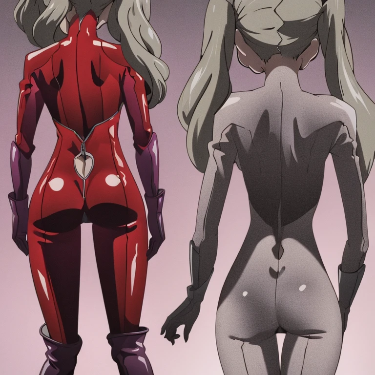 Standing straight, rear view, bodysuit, small breasts, thighs, thigh gap, hips,