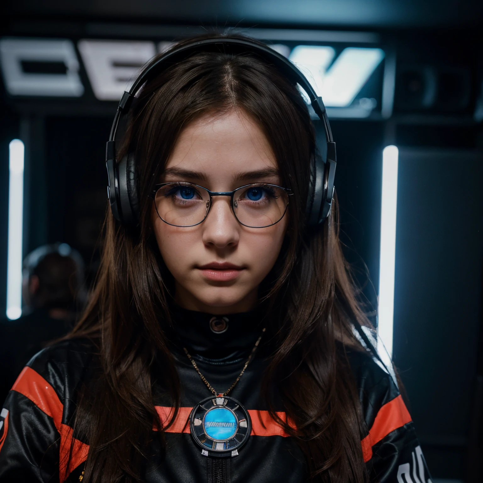anime, deejaying girl, dj, dj girl, headphones, rave, (highest picture quality),masterpiece,best quality,extremely detailed CG wallpaper, ultra_detailed,(Cinematic Lighting:1.1), (warm face), blue eyes, 1girl, solo, dark-brown_hair, long_hair, masterpiece, best quality, glasses