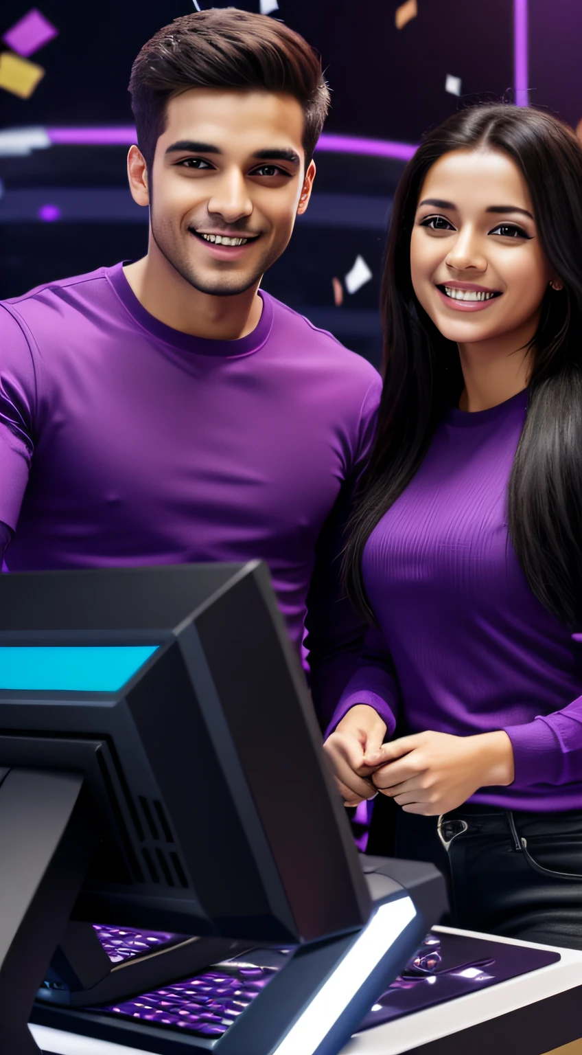 Miniatura de un hombre y una mujer celebrando haber sido ganadores de un concurso de juegos de Whatsapp., Ropa negra y morada, fondo de computadoras