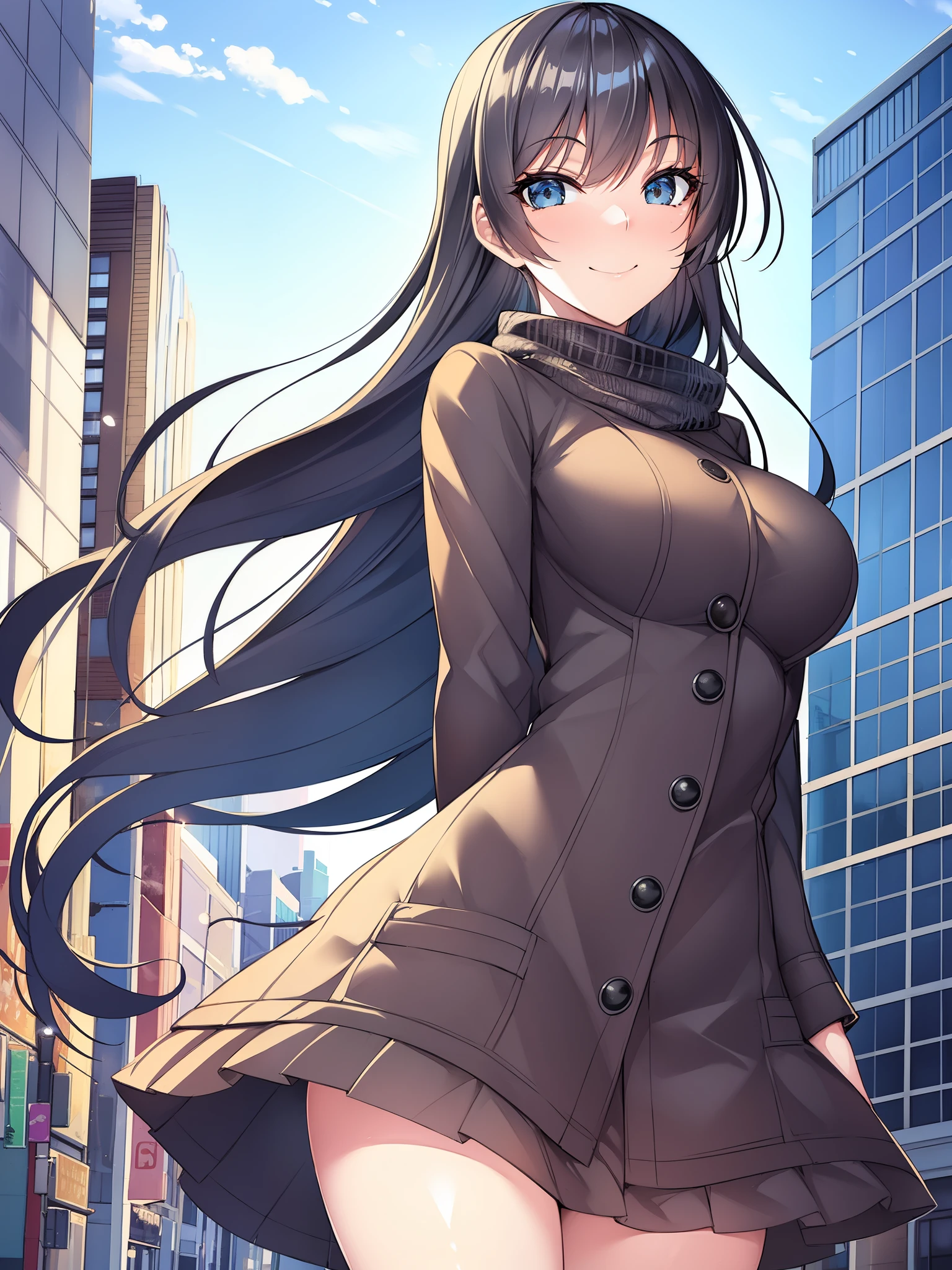 (morning), one girl, one, looking viewer, winter, cowboy shot, (downtown), cowboy shot, smile, black hair