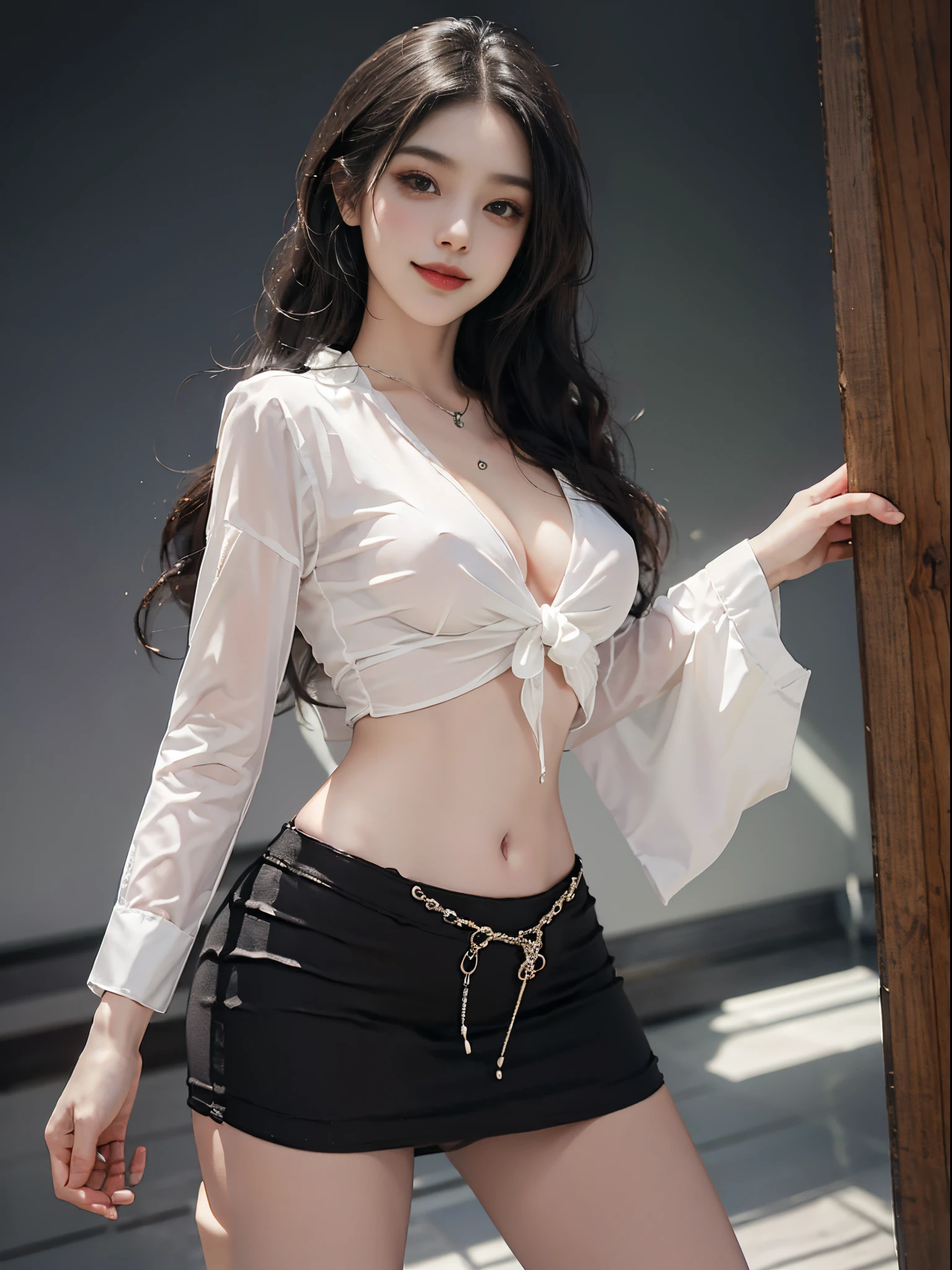 blouse,mini skirt, mini shirt,navel,fashi-girl, ((cowboy shot)), A beautyful girl, a young female model, Random pose, posing elegantly, visually appealing, tmasterpiece, (Best quality at best, 4K, 8K, A high resolution, tmasterpiece:1.2), a warm color palette, ultra - detailed, Ultra-fine painting, delicated face, long slim figure, slim, largeeyes, pretty eyes, Hefty Smile, Random shooting angle, Random scenes