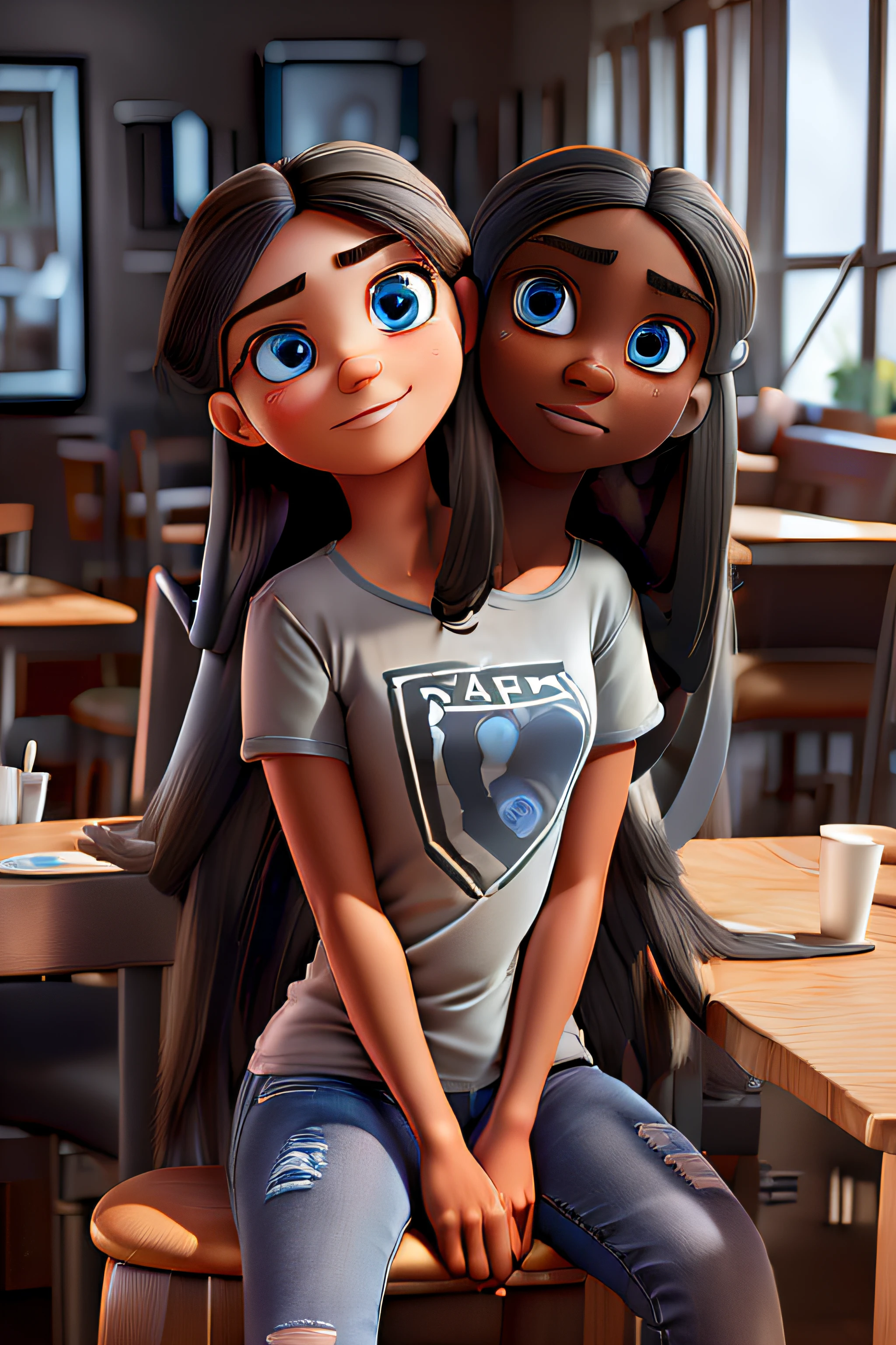 masterpiece, best quality, (black hair, longhair, blueeyes, two heads, 1girl, jeans, grey t-shirt, dark skinned female:1.2), looking at viewer, furrowed brow, smile, (two heads:1.2), SFW, sitting on chair, legs crossed, pixar