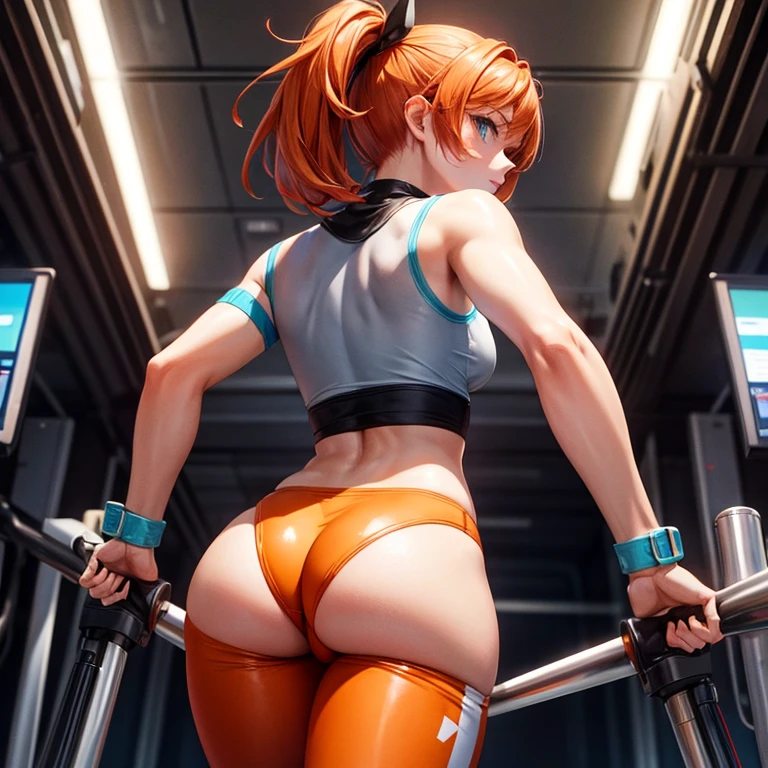 orange hair girl in leggings from behind