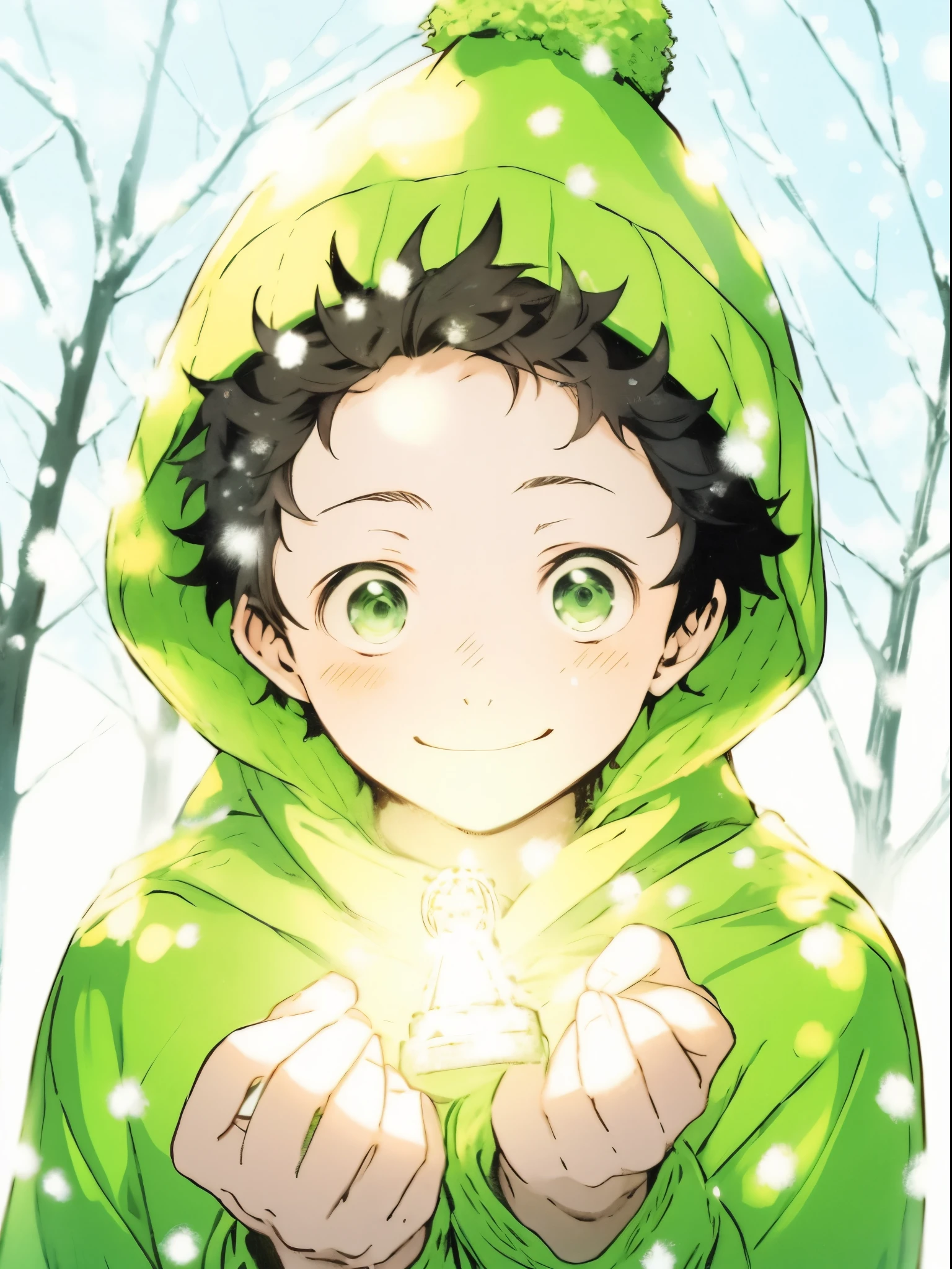 Anime boy in a green hoodie holding a shining star in his hand, from yowamushi pedal, high quality fan art, demon slayer rui fanart, Season!! : 🌸 ☀ 🍂 ❄, inspired by Inoue Naohisa, official fan art, avatar image, by Ai-Mitsu, with a green cloak, Makoto, inspired by Yumihiko Amano, fanart