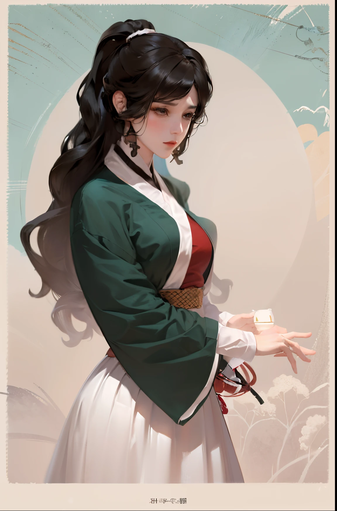 high quality , one brown hair girl, long ponytail, long hair, wuxia character, ((white clothes)), ink painting background, flat background, minimalist background, chinese wind pattern background,