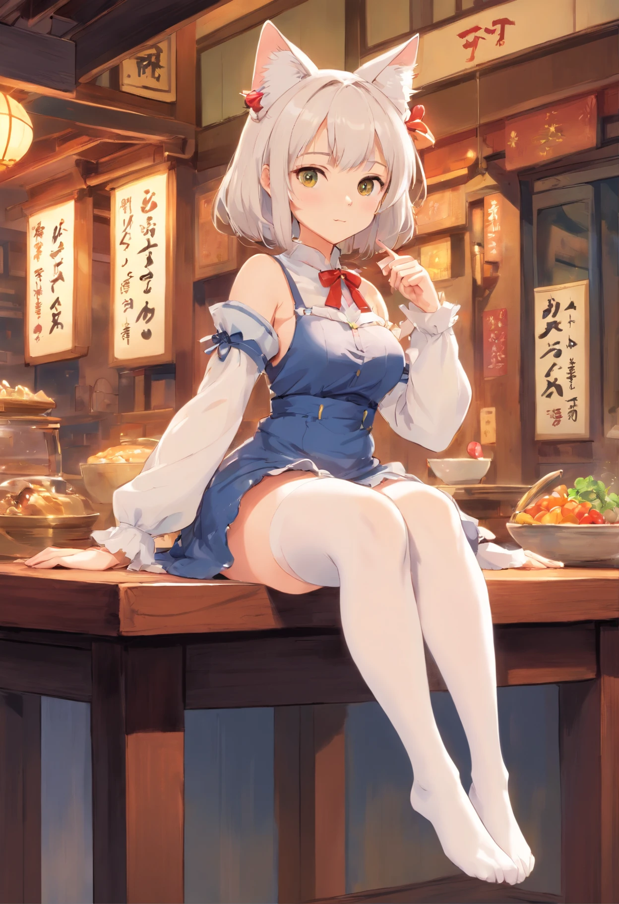 no shoe,Stand barefoot,On the table,The girl very tall,der riese,Huge maiden,in city,Limbs intact,The face delicate,White double ponytail,White eyes,White Lolita,Shoot from a distance,White stockings,There are cat ears on the head, Rob Branch, Cute big breasts,Chopstick legs,Slender calves,Slender calves,large quantity